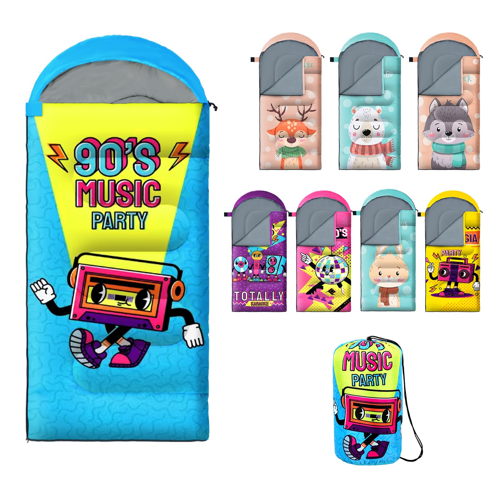 Sleeping Bag for Kids,Portable Camping Sleeping Bags for Boys&Girls with Cute Cartoon Print,Lightweight Waterproof Compact Sleeping Bag for Indoor