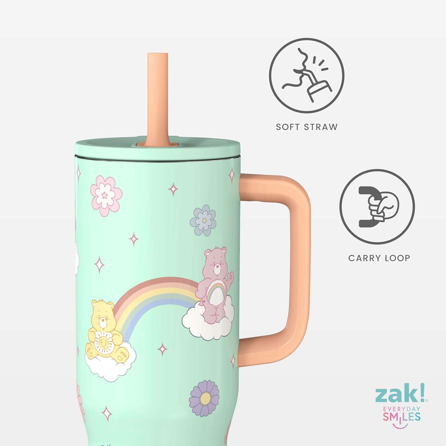 Zak Designs Care Bears Sutton Travel Tumbler for On the Go, 30oz Stainless Steel with Vacuum Insulation, Silicone Straw, and Carry Handle for Cold Drinks (Care Bears) - Image 2