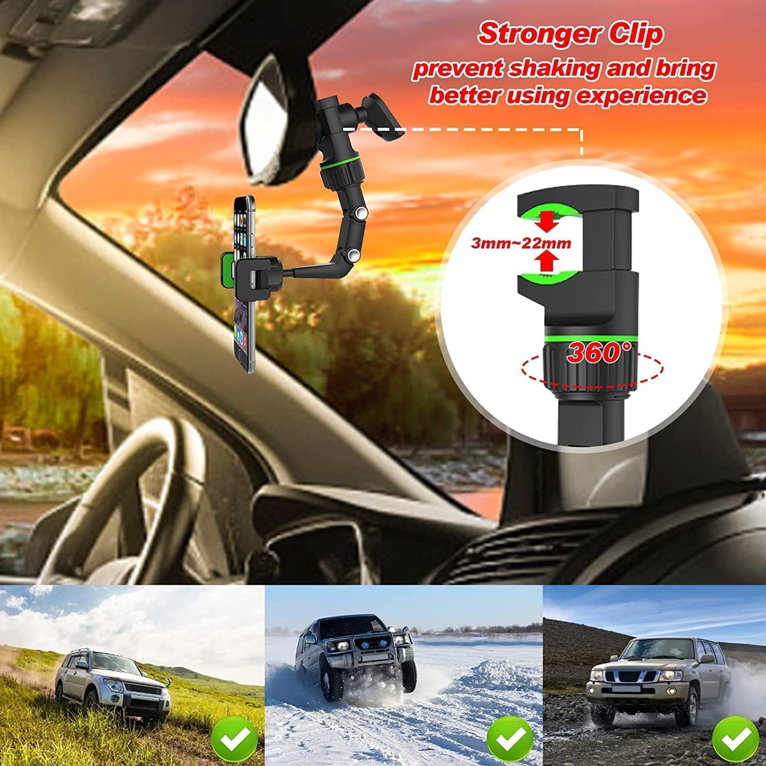 JAlanlan Porta cellulare per auto universale, Porta smartphone navigatore a scomparsa girevole a 360°, supporto telefono per specchietto retrovisore per auto, adatto a tutti i telefoni cellulari