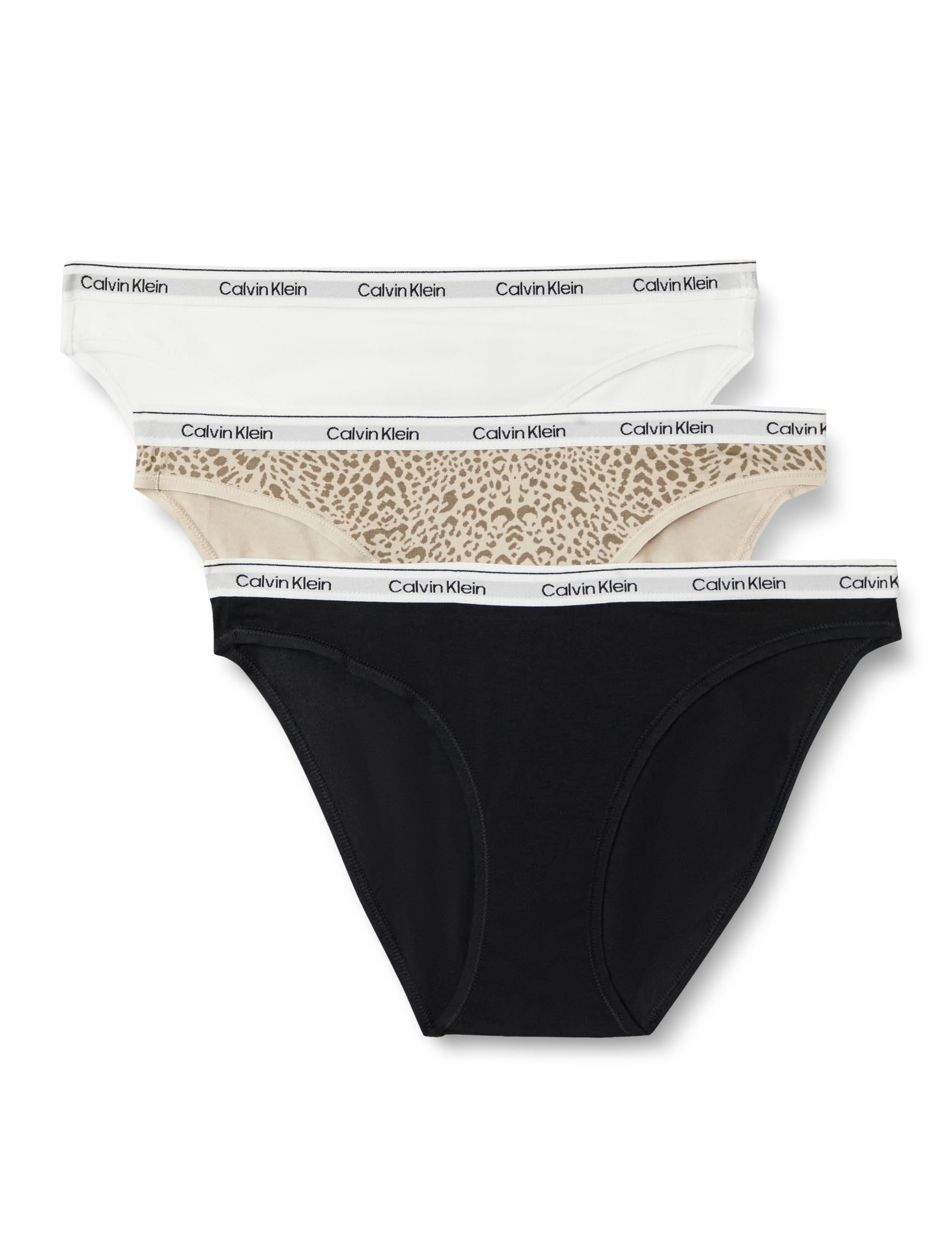 Calvin Klein Women's 3 Pack Bikini Briefs with Logo Waistband, Multicolor (Black/Classic White/Animal Mirror), S