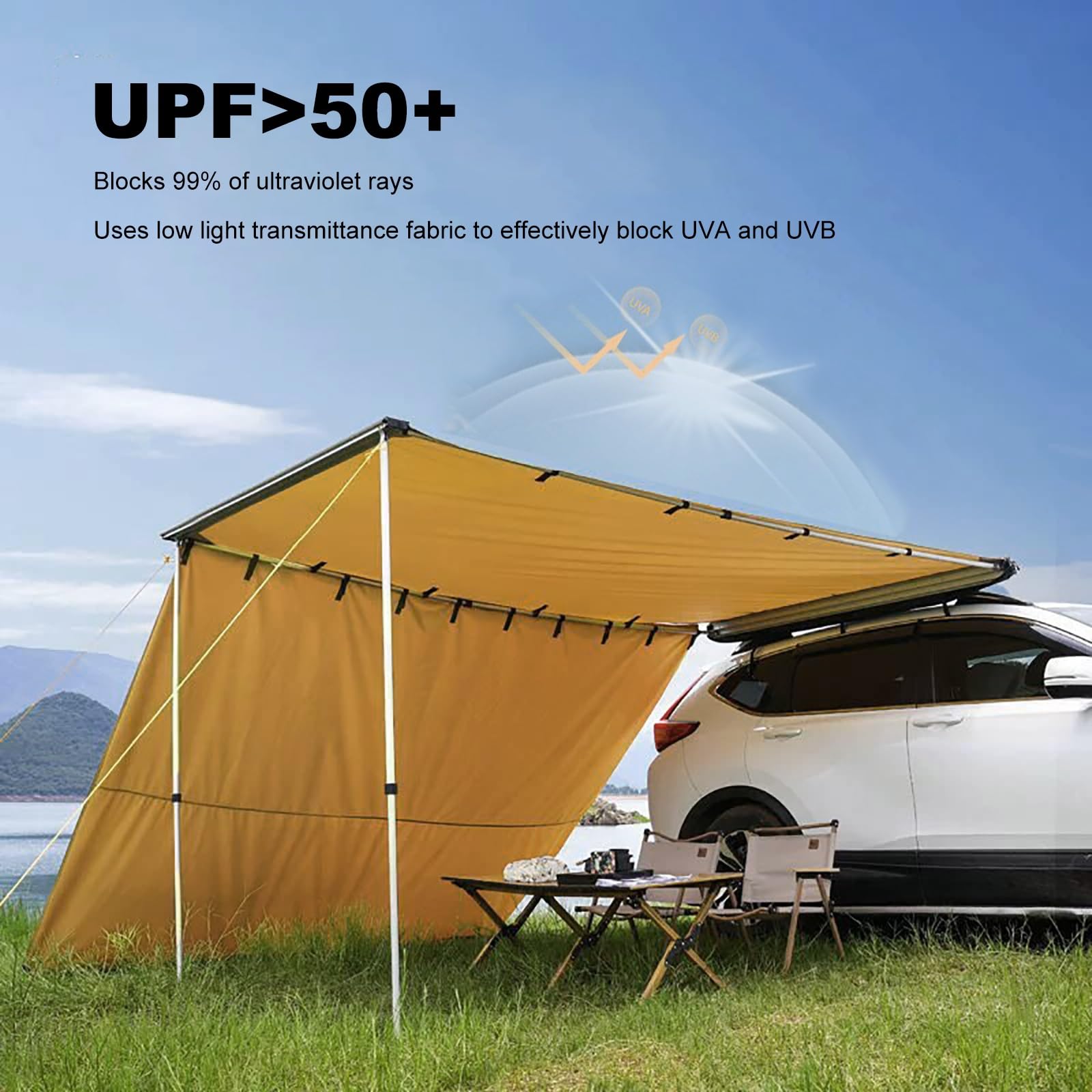 Auto Markise, Fahrzeugmarkise, Seitenmarkise (einziehbar) mit Seitenverlängerung, Ausziehbarer Zeltschutz, PU 3000 mm, UV50+, für SUV, Wohnmobil, LKW, Transporter, PKW Usw(200x200cm/6.6x6.6ft)