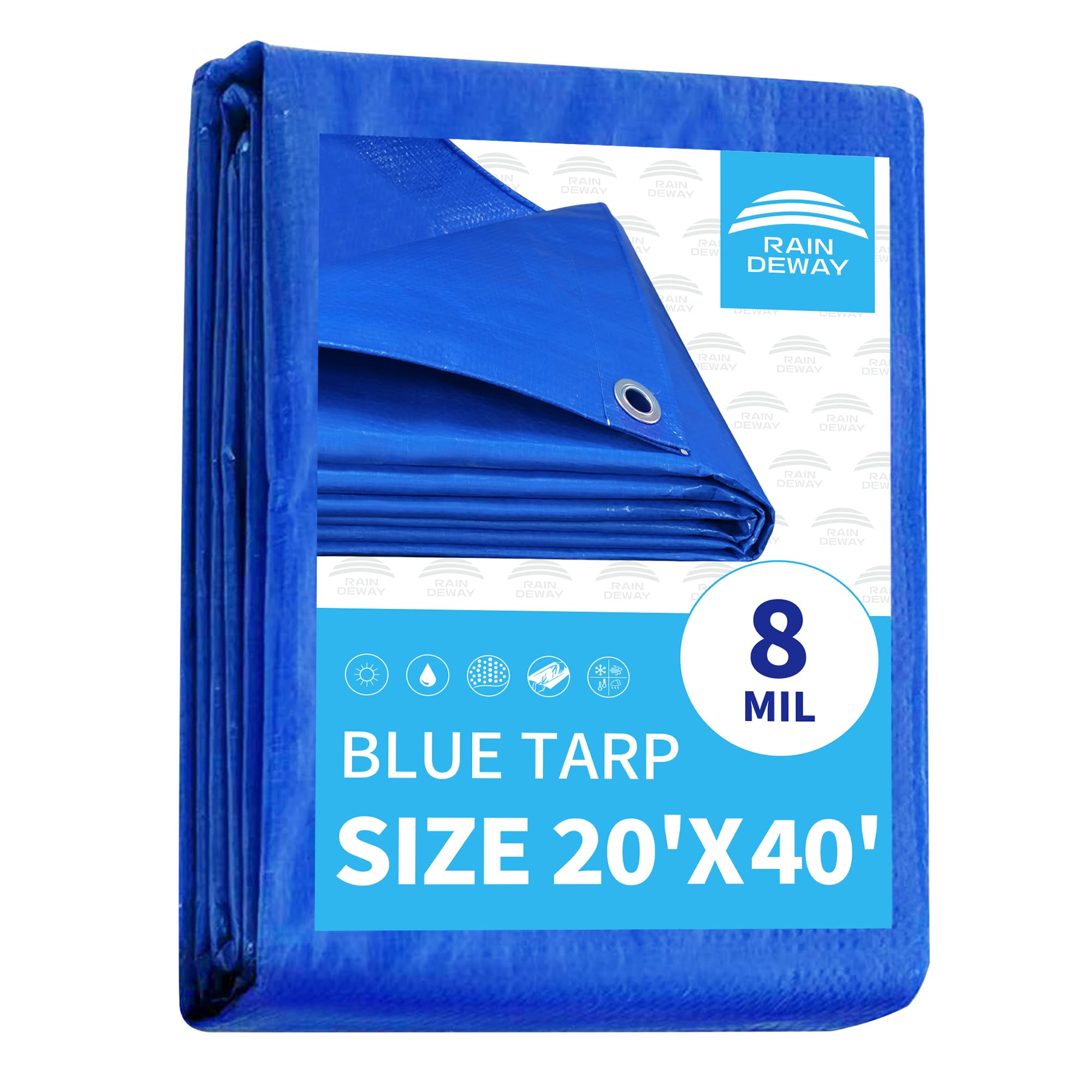 RAINDEWAY Tarps 20x40 Feet,8 Mil Blue Large Tarp,UV Resistant,Durable,Multipurpose Waterproof Poly Tarp Cover with Metal Grommets and Reinforced Edges