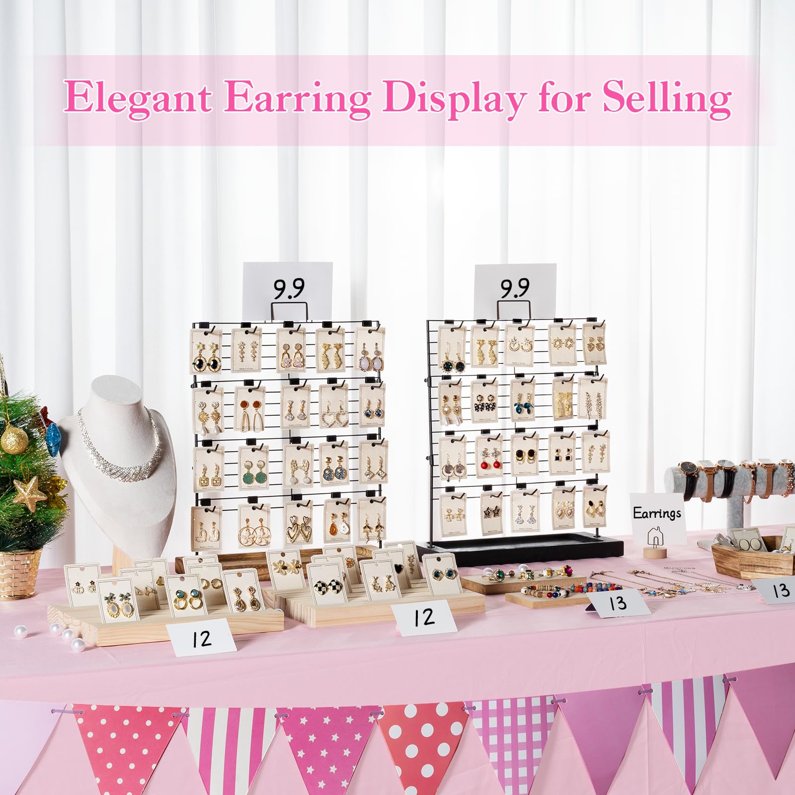 Support Boucle d'oreille, Presentoir Boucle d'oreille avec 20 Trous, 33x13x41CM Rangement Bijoux & Presentoir Bijoux Femme (Métal & Bois)