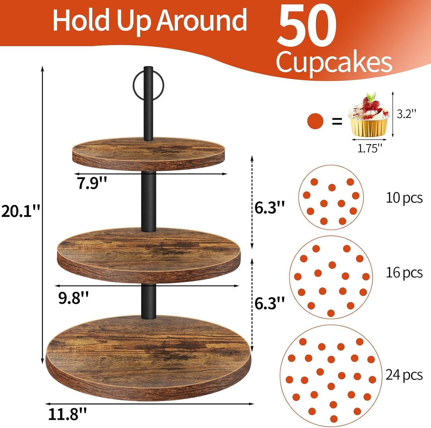 Alzata per cupcake a 3 livelli, vassoio quadrato in legno, torre per cupcake, torte, dessert, espositore per matrimoni, feste, casa, compleanno, baby shower, tè pomeridiano, decorazione per