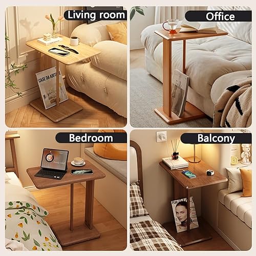 Miniatura 7 de Mesa Auxiliar En Forma De C De Madera De Caucho, Mesa Auxiliar Pequeña Con Bandeja Para TV Para Sofá, Sala De Estar, Dormitorio, Mesa De Sofá