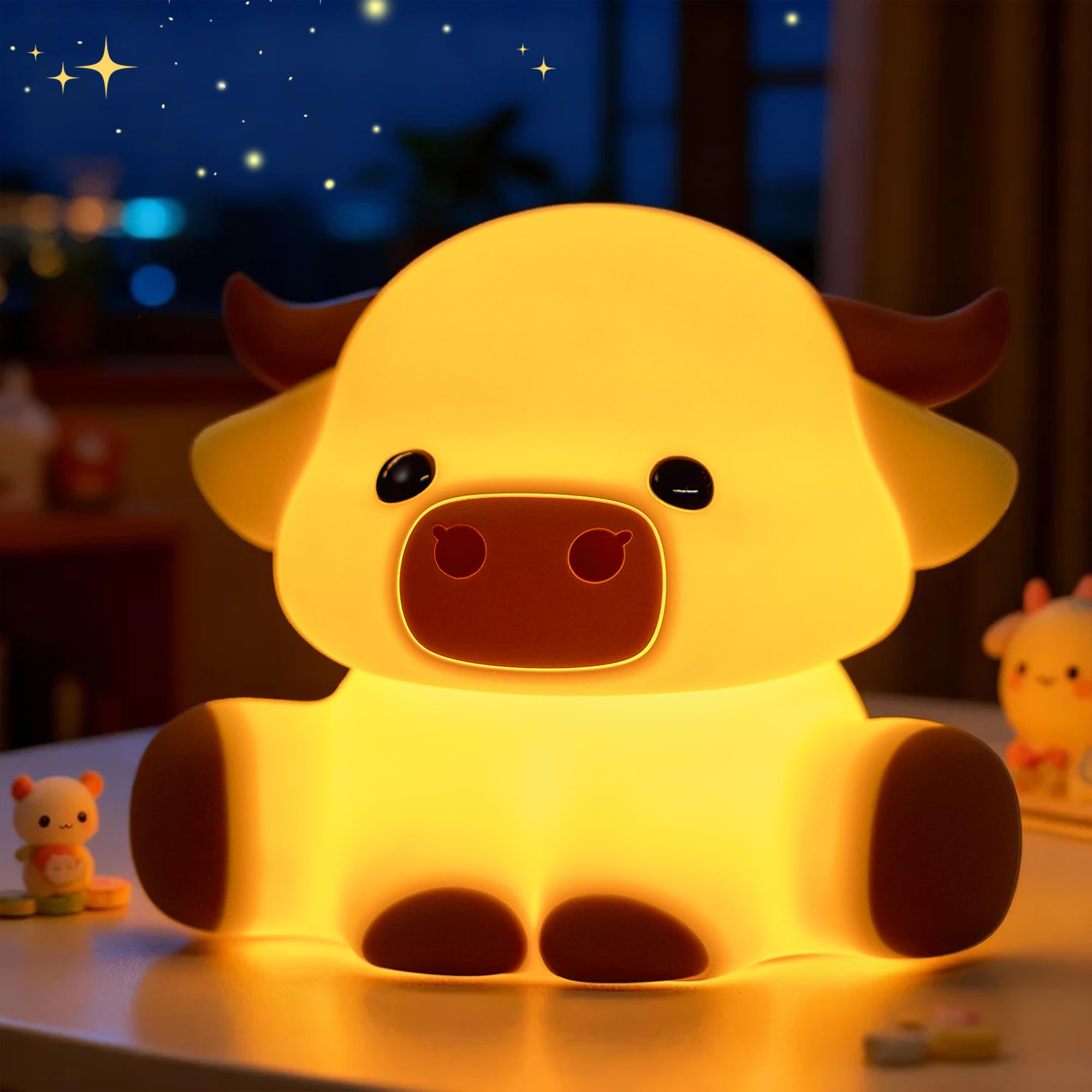 OkiyiD Highland Cow Nachtlicht Dimmbar – Kuh Nachtlampe aus weichem Silikon, Weiches Leuchten Nachttischlampe für Schlafzimmer oder Schreibtisch Deko, Hochlandrind Geschenke