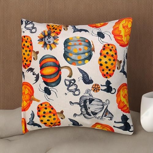 Miniatura 4 de Gesyesor Fundas de almohada decorativas de Halloween de 18 x 18 pulgadas, diseño de calabaza, naranja y negro, funda de almohada de lino para sofá