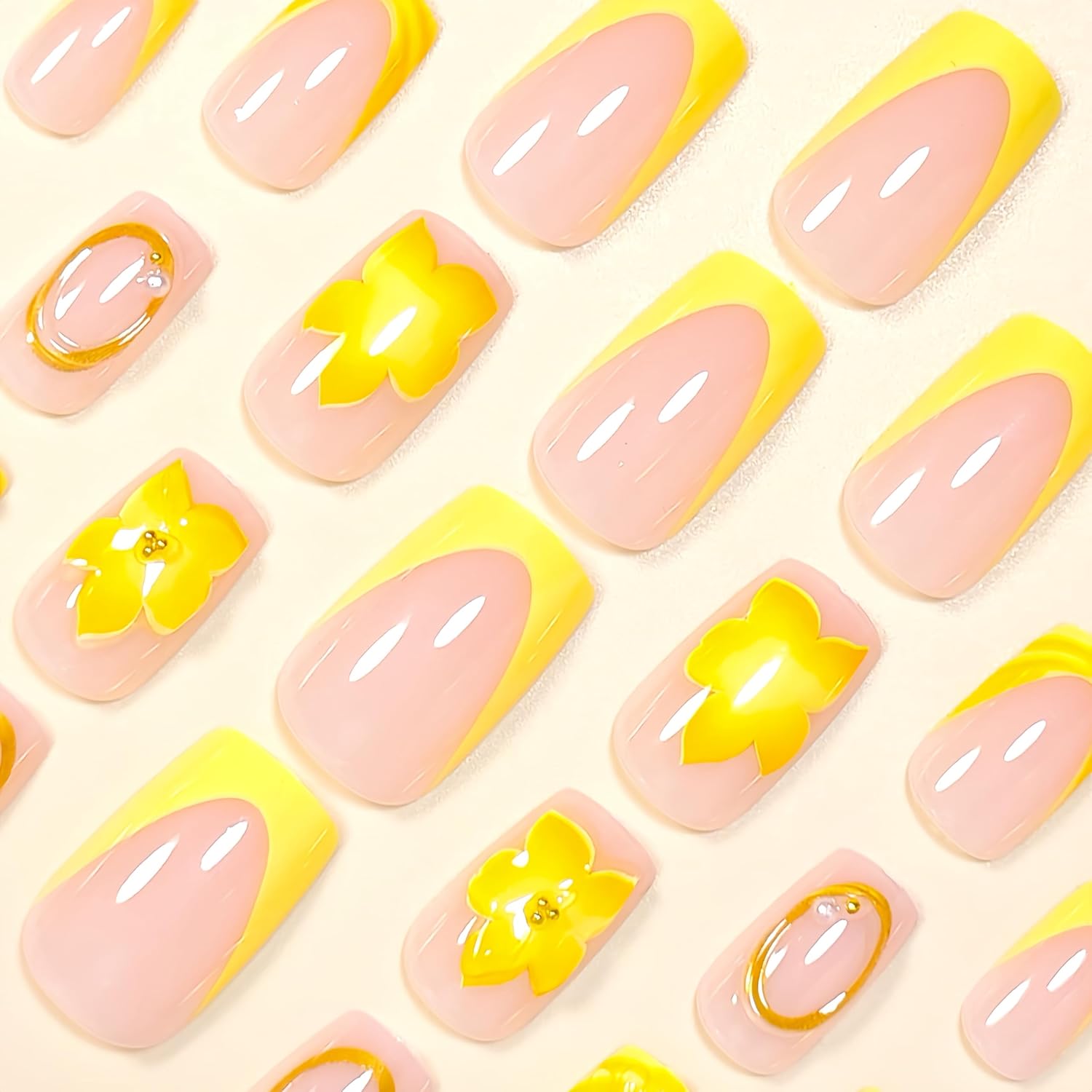 24pcs Hibiscus Press on Nails Medium Square Fake Nails Yellow Flower with Starfish Gold Beads Lines Design Yellow French Tips False Nails Summer Floral Full Cover Acrylic Nails Glue on Nails for Women