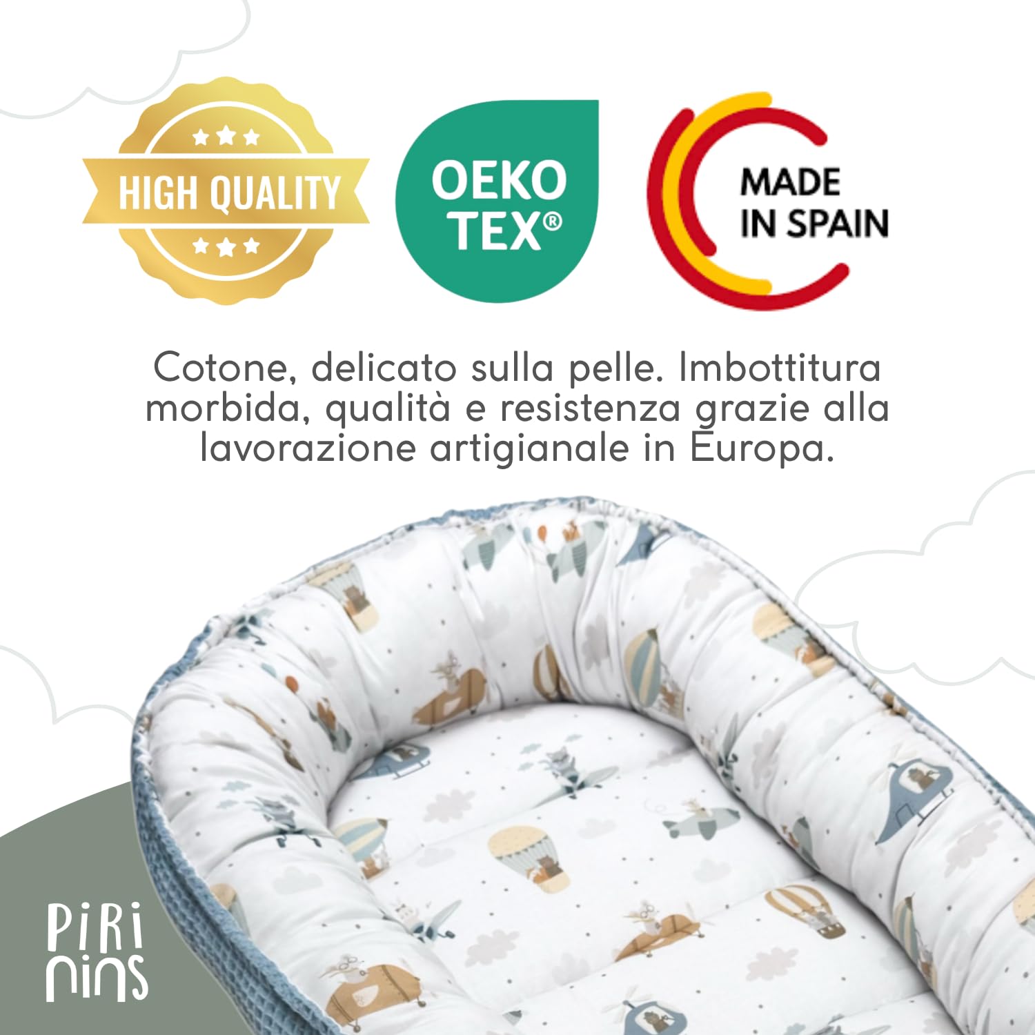 Nido per Neonato, 100% Cotone Biologico, Riduttore per Culla, Mini Culla Portatile Morbida e Traspirante, Ideale per i Viaggi, Prodotto in Spagna (Palloncini)