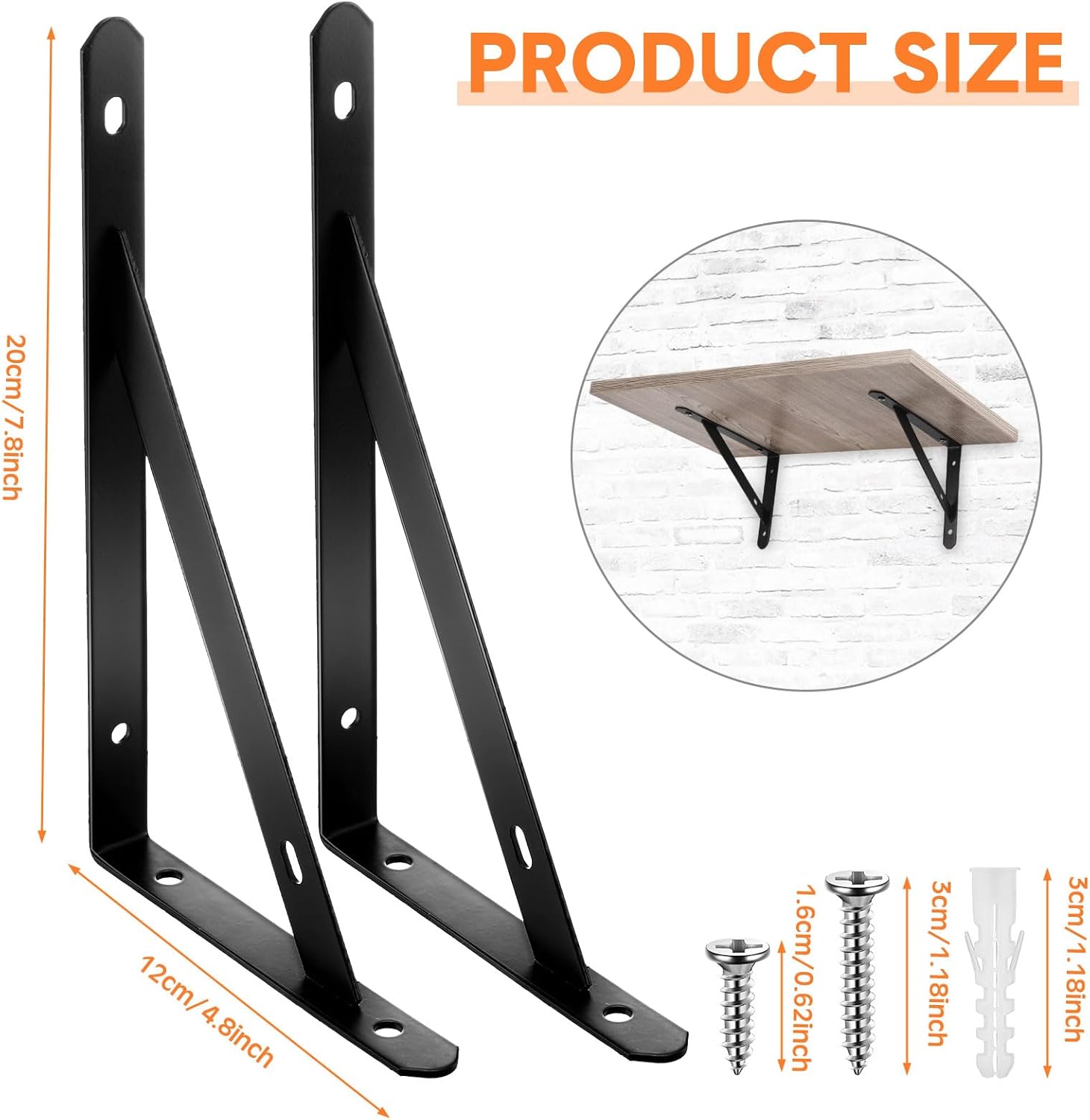 Nuogo 20 Pack Heavy Duty Shelf Brackets Bulk Metal Floating Shelving Support Wall Mounted 90 Degree Triangle Corner L Brackets for Garage with Hardware, Black (8 Inch)