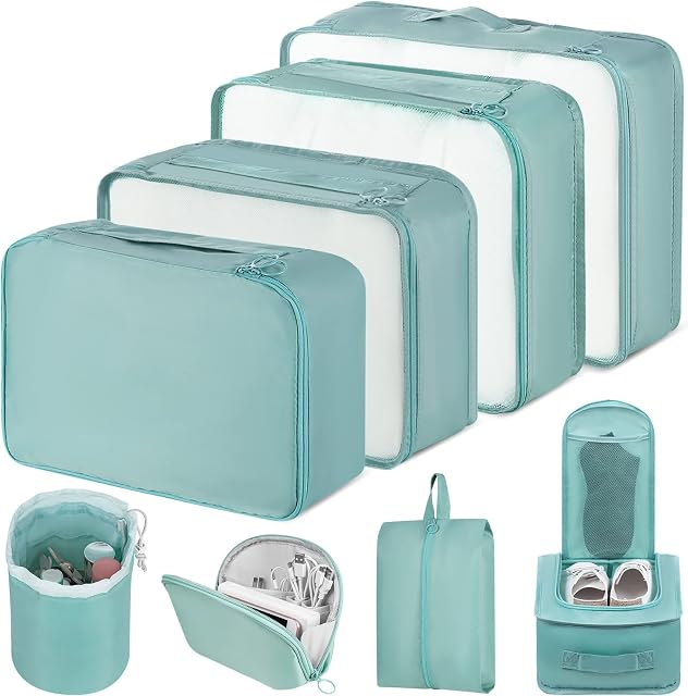Amazon Brand - Umi Packing Cubes, 8PCS Packing Cubes for Suitcases, Travel Organiser Set for Clothes Shoes, Suitcase Organiser Bags, Travel Essentials Compression Packing Cubes for Travel (Light Blue)