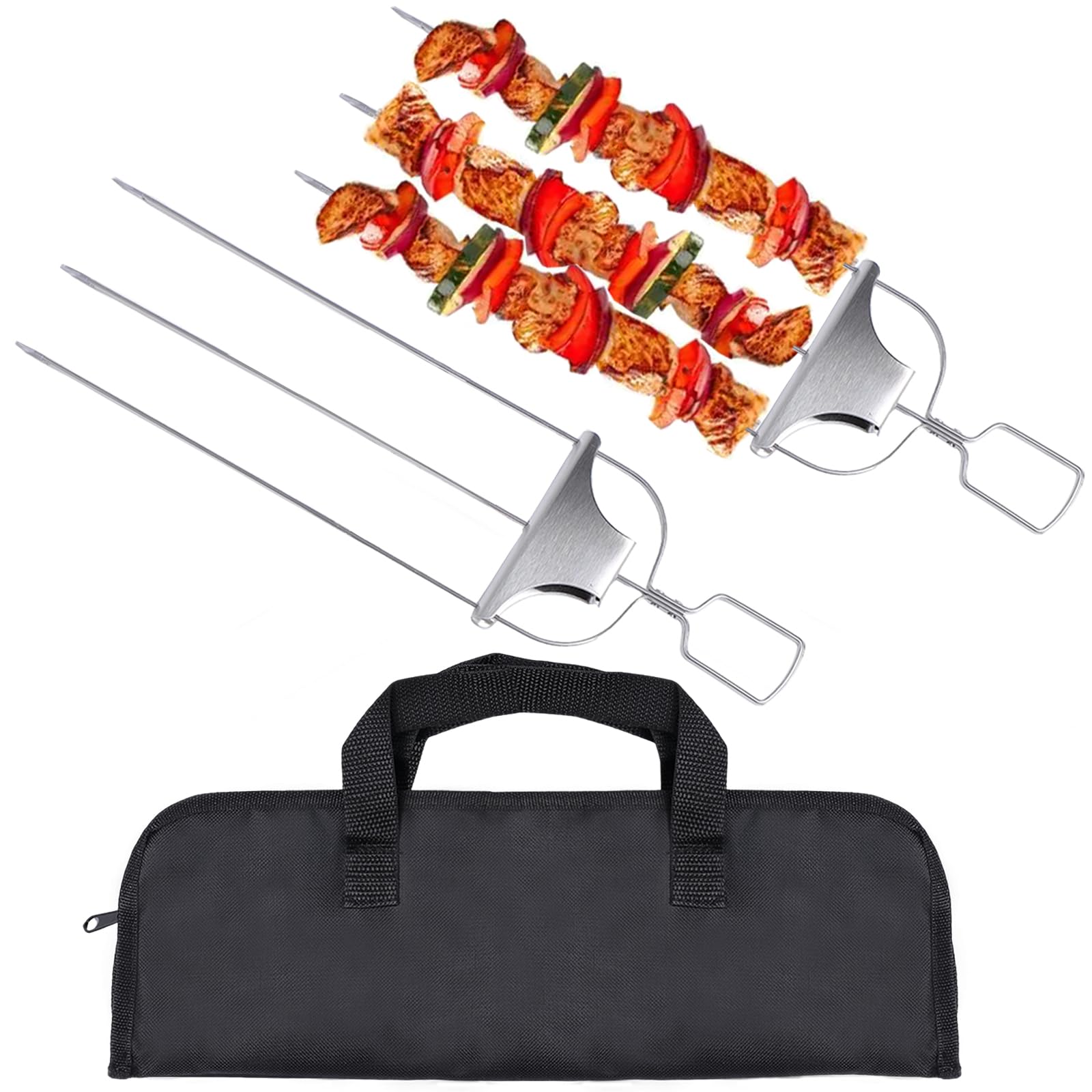 Skewers for Kabobs Set of 2, 14 Inch 3-Prongs Metal Kabob Skewer Stainless Steel Flat Sticks with Slider for Grilling Mea...