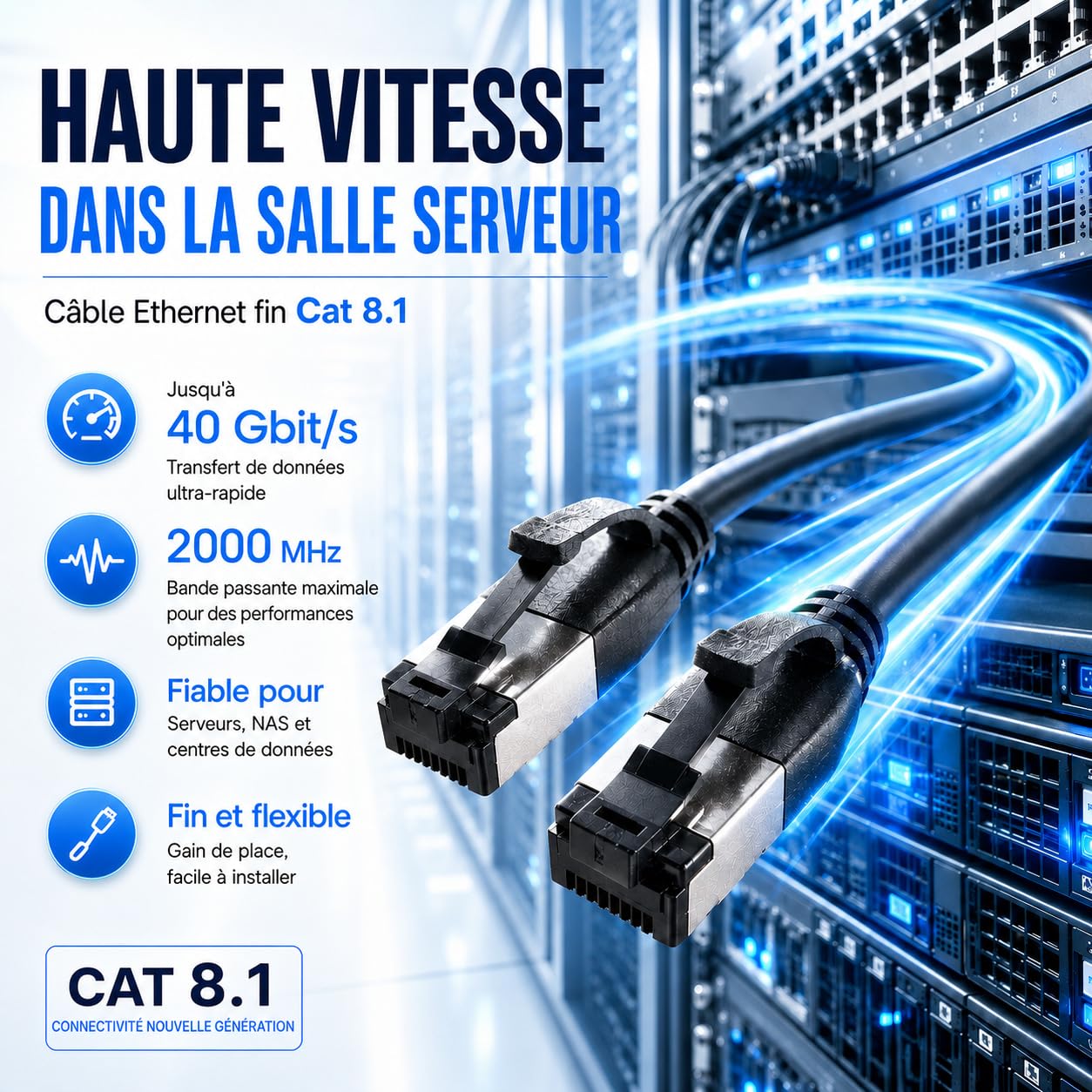 Câble réseau Cat 8.1 Lan de 2 m (lot de 10) Câble Ethernet Cat 8 avec prise RJ45 fin et fin avec taux de transfert de 40 Gbit/s Noir 2,0 mètres