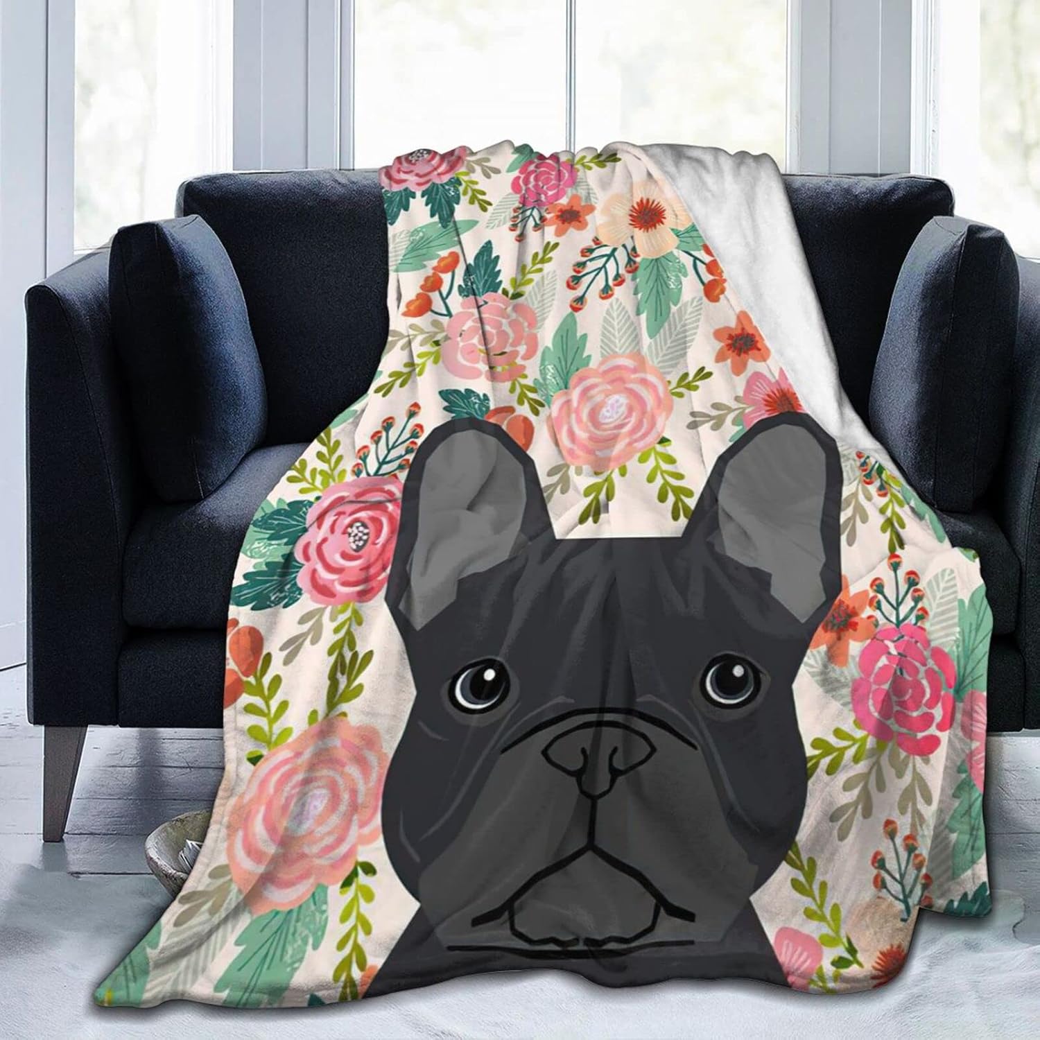 HAZIMCS Flannel Fleece Plush Throw Blanket,French Bulldog Floral Dog Cute pet Gifts Dog Breed Throw for Spring Recliner, Air Conditioning Blanket Quality Washable 80"x60"