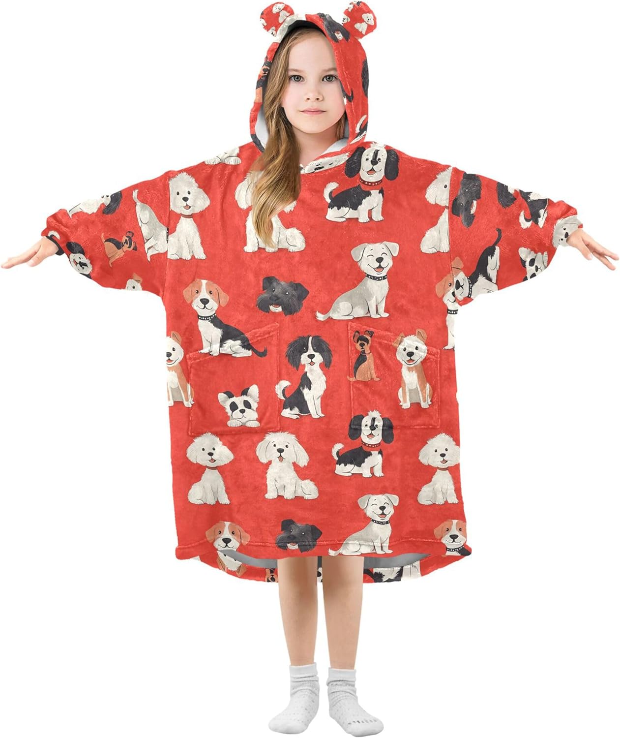 Cute Dog Puppy Pug Kids Wearable Blanket Hoodie with Pocket and Sleeves for Toddlers, Cute Hoodies Girls B0404113