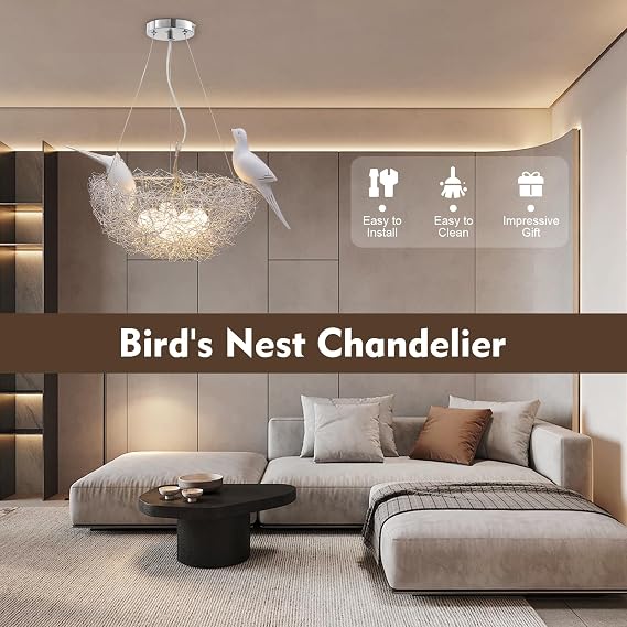 Bird Chandelier, Birds Nest Chandelier, LED Bird Light, Bird Light Fixture w/Adjustable Cord Length, Modern Pendant Chandelier Lighting for Living Room Bedroom Study, Silver