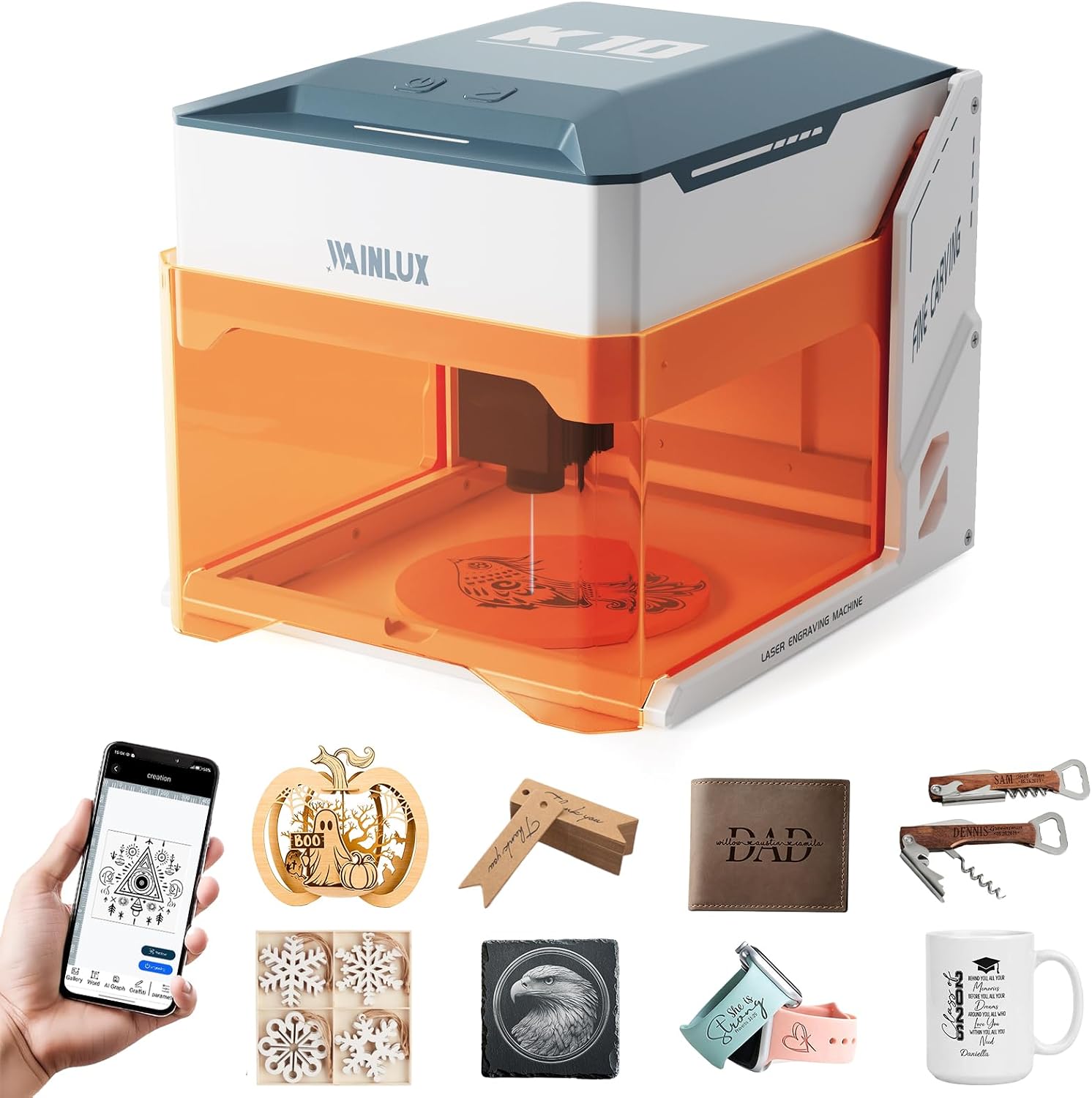 WAINLUXPRO 3000mW Laser Engraving Machine, 0.01mm High Precision Laser Engraver with 80x80mm Work Area, WiFi & Offline Control, Class 1 Eye-Safe for Wood Leather Plastic Paper, DIY Engraving Tool