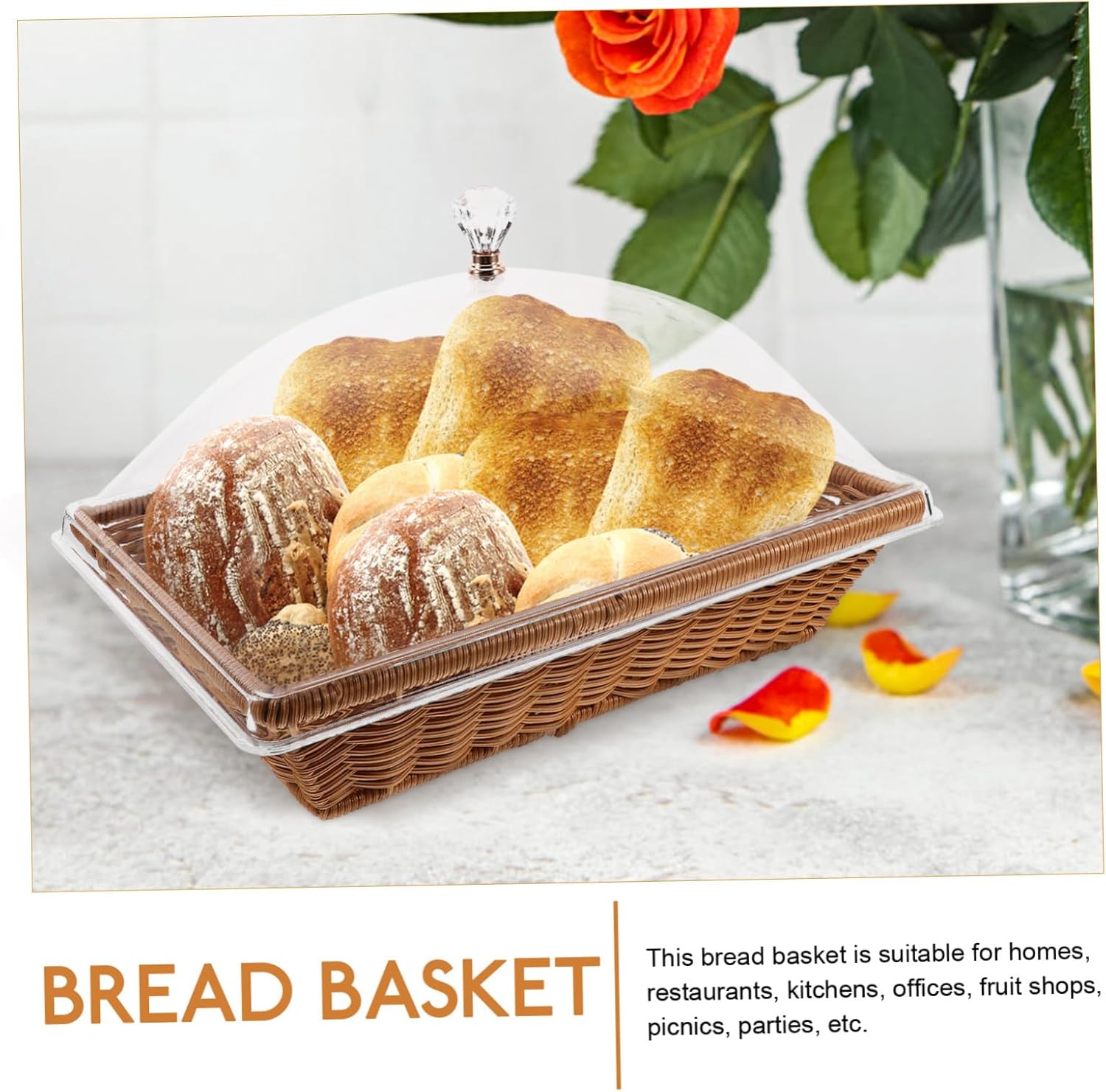 1set Food Serving Basket with Transparent Handle Lid Woven Storage Basket for Bread Fruits and Snacks Versatile Kitchen Organizer for Special Occasions and Daily Use Sturdy and