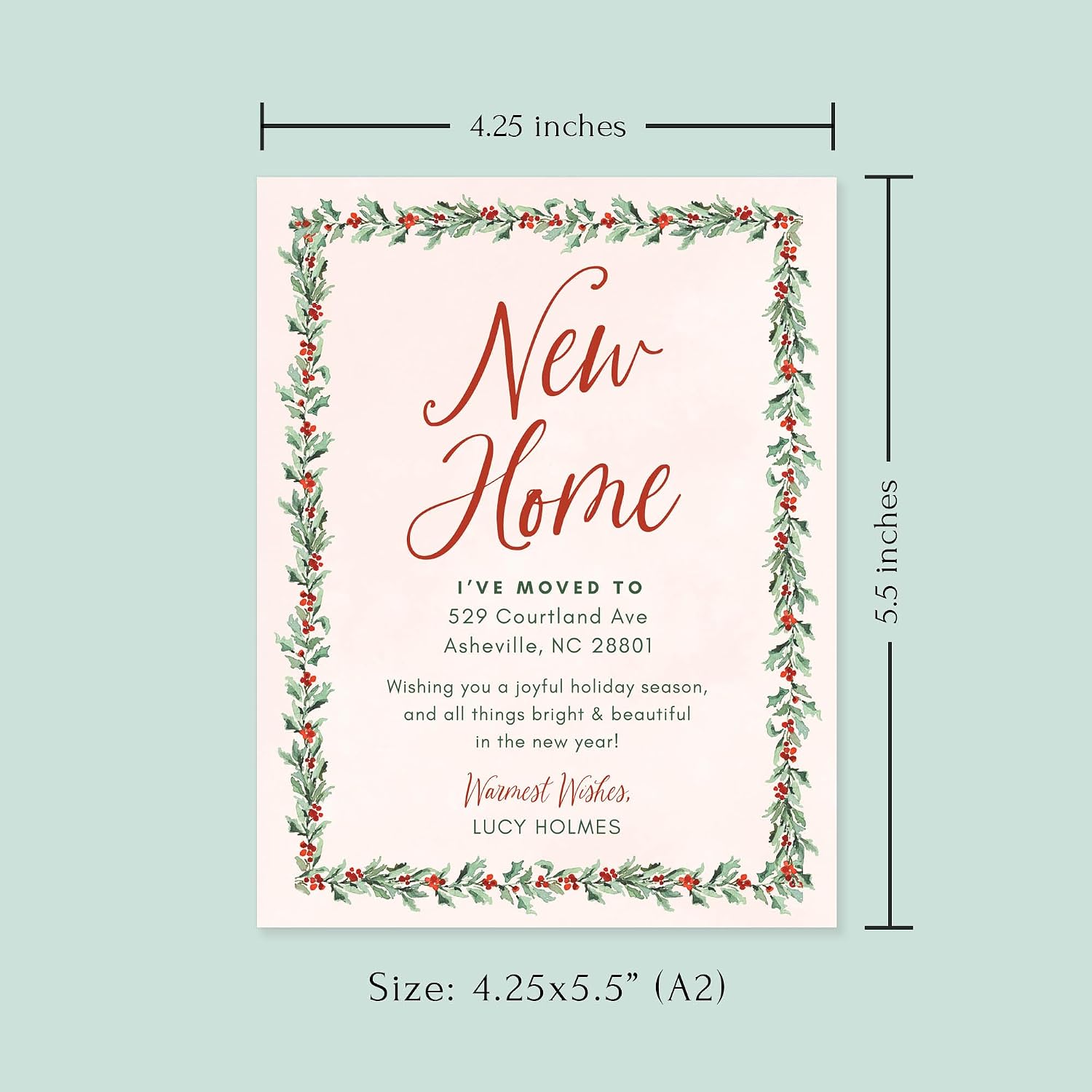 Christmas Holly Garland Moving Announcement Cards, Flat 4.25x5.5 Personalized Holiday New Home Cards with Envelopes (Red and Green Text)