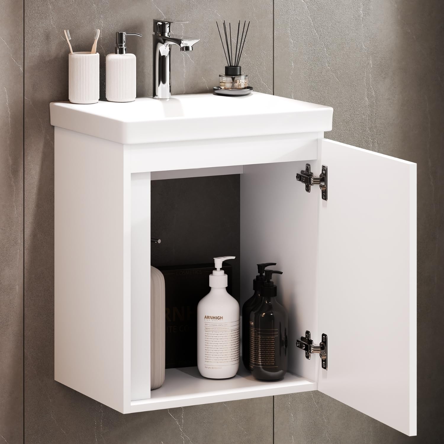 Planetmöbel lavabo avec Meuble Bas 50 cm, Meuble sous-Vasque Suspendu, Fermeture amortie, Ensemble de Meubles de Salle de Bain, Blanc
