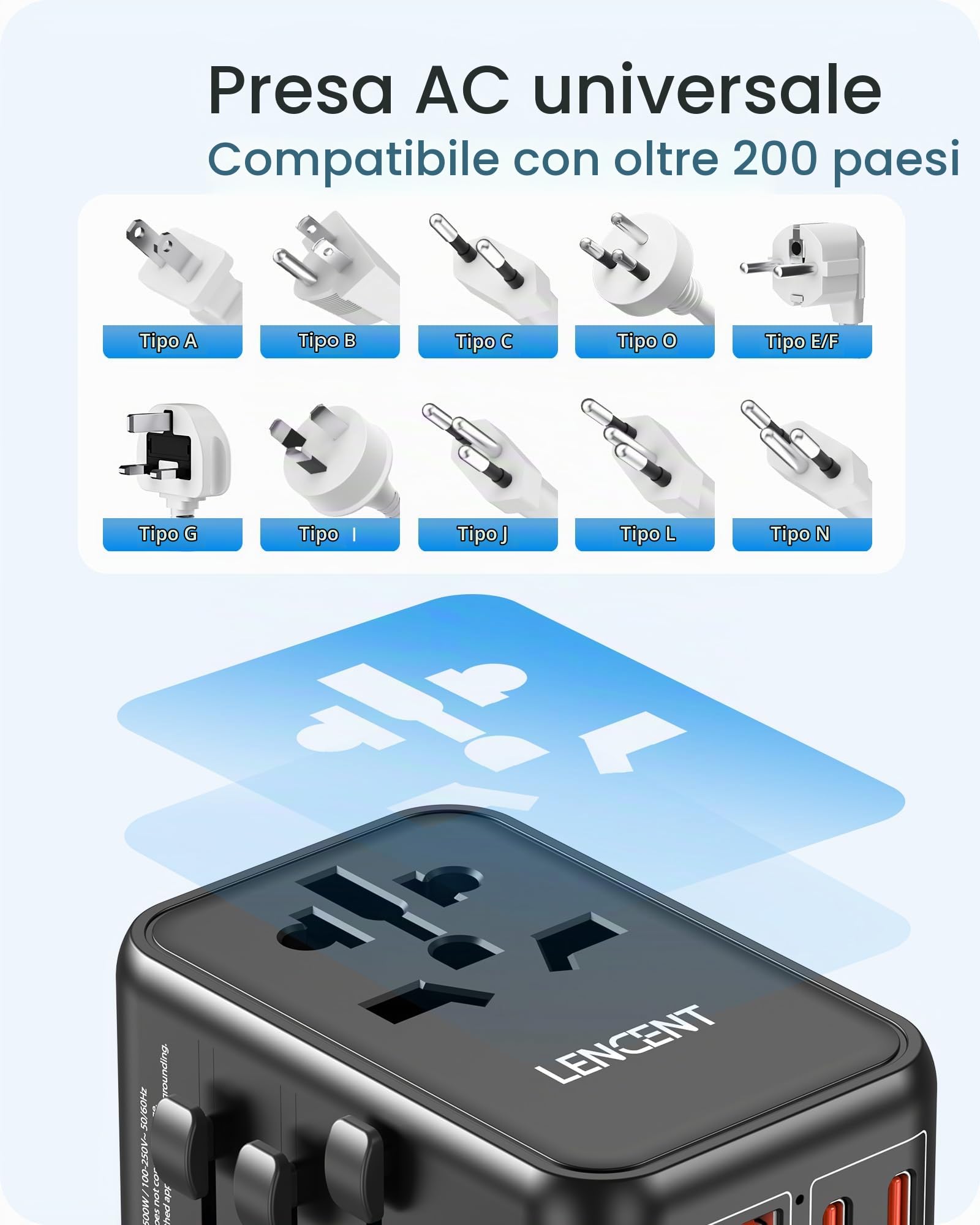 LENCENT Adattatore da Viaggio Universale, GaN3 65W Caricatore Presa | con 2 QC4.0 USB-A+ 2 PD3.0 USB-C PPS a Ricarica Rapida, Adattatore Presa AC in Tutto il Mondo, Spina di USA/UK/EU/AUS