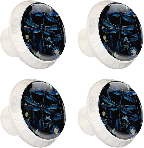 NEWzone 4 Pack Dresser Drawer Knobs Blue Dragonflies Cabinet Knobs Crystal Glass Knobs Pulls Handles for Home Kitchen Cabinet Hardware Cupboard Door Dresser Wardrobe