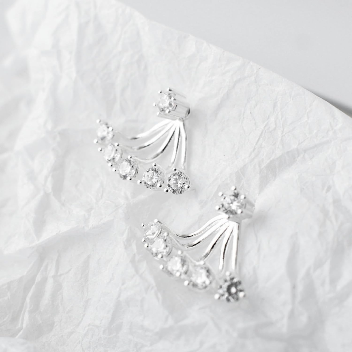 Sterling Silver CZ Diamante Sunlight Curved Bar Drop Double Side Jacket Claw Earrings, One Size, Sterling Silver, Cubic Zirconia