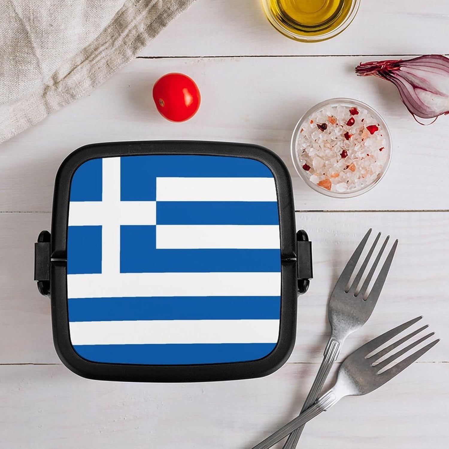 Flag of Greece Bento Box with Spoon 2 Layer Food Container Cute Lunch Box for Travel Dining Work