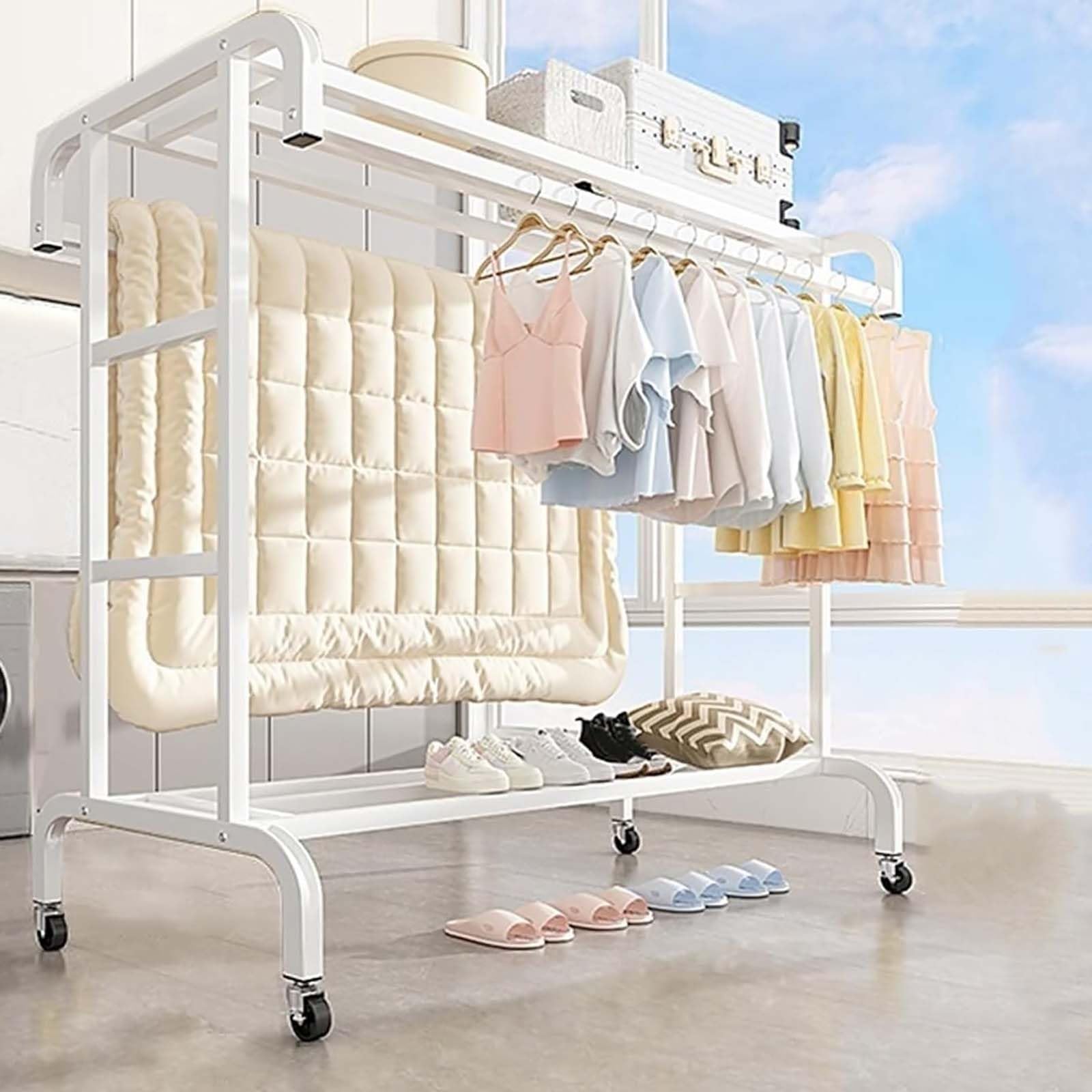 Support à vêtements multifonction mobile avec étagère basse en acier
