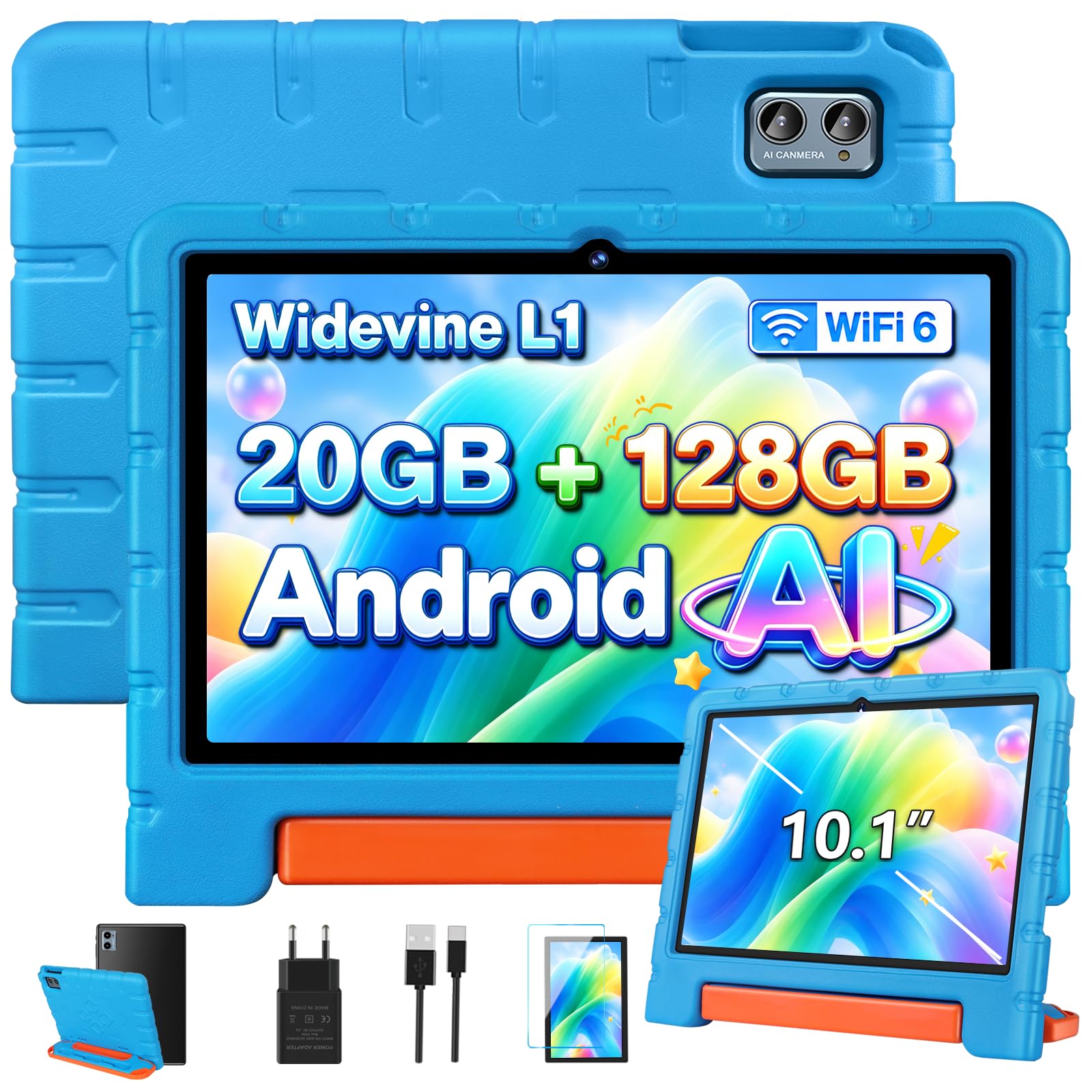 Neuestes Kinder Tablet 10.1 Zoll, Gemini KI, Android mit Eva Case - Blau