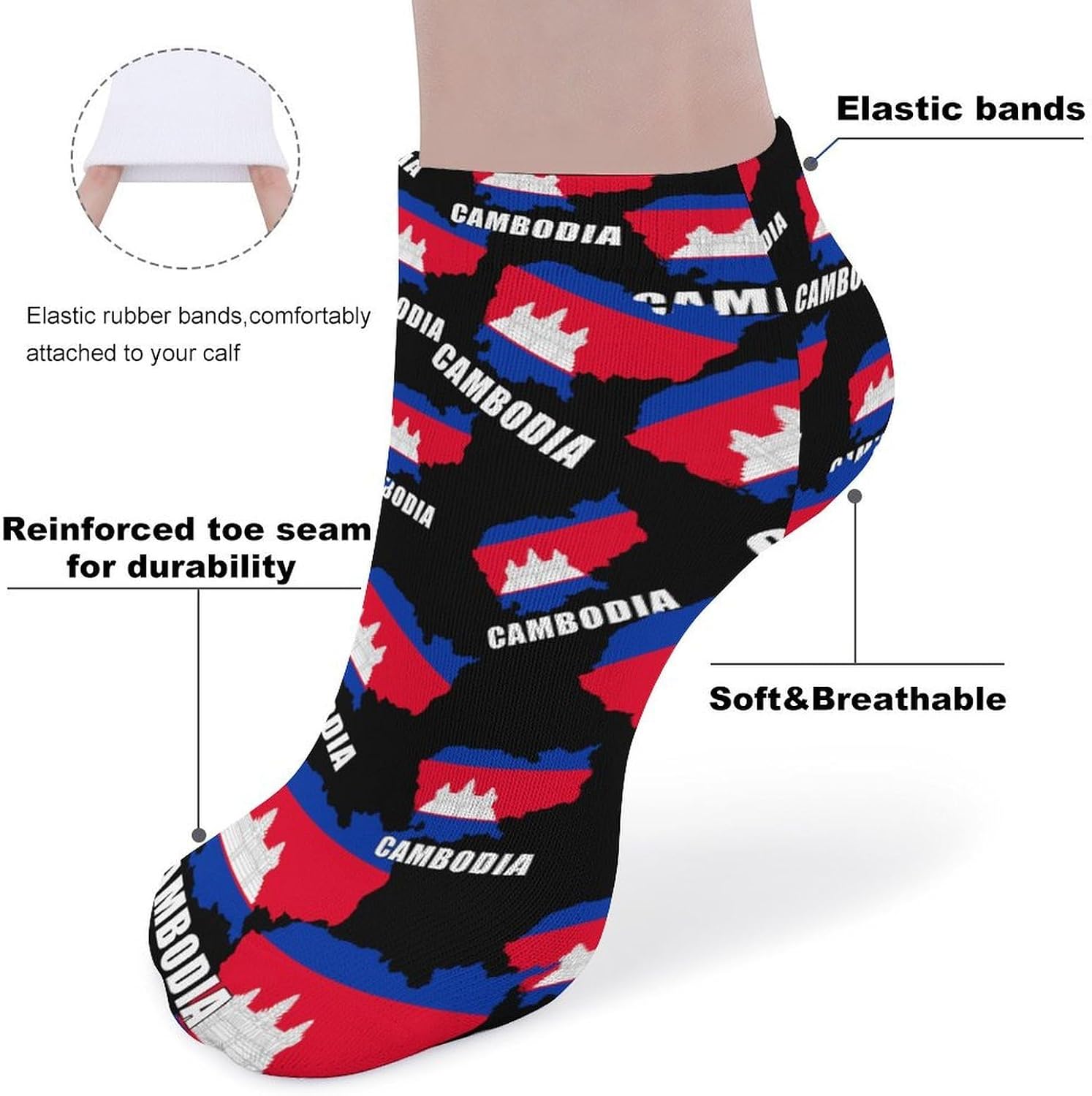 Cambodia Flag Cambodian Map No Show Ankle Socks Low Cut Non Slip Flat Boat Line 5 Pairs Set