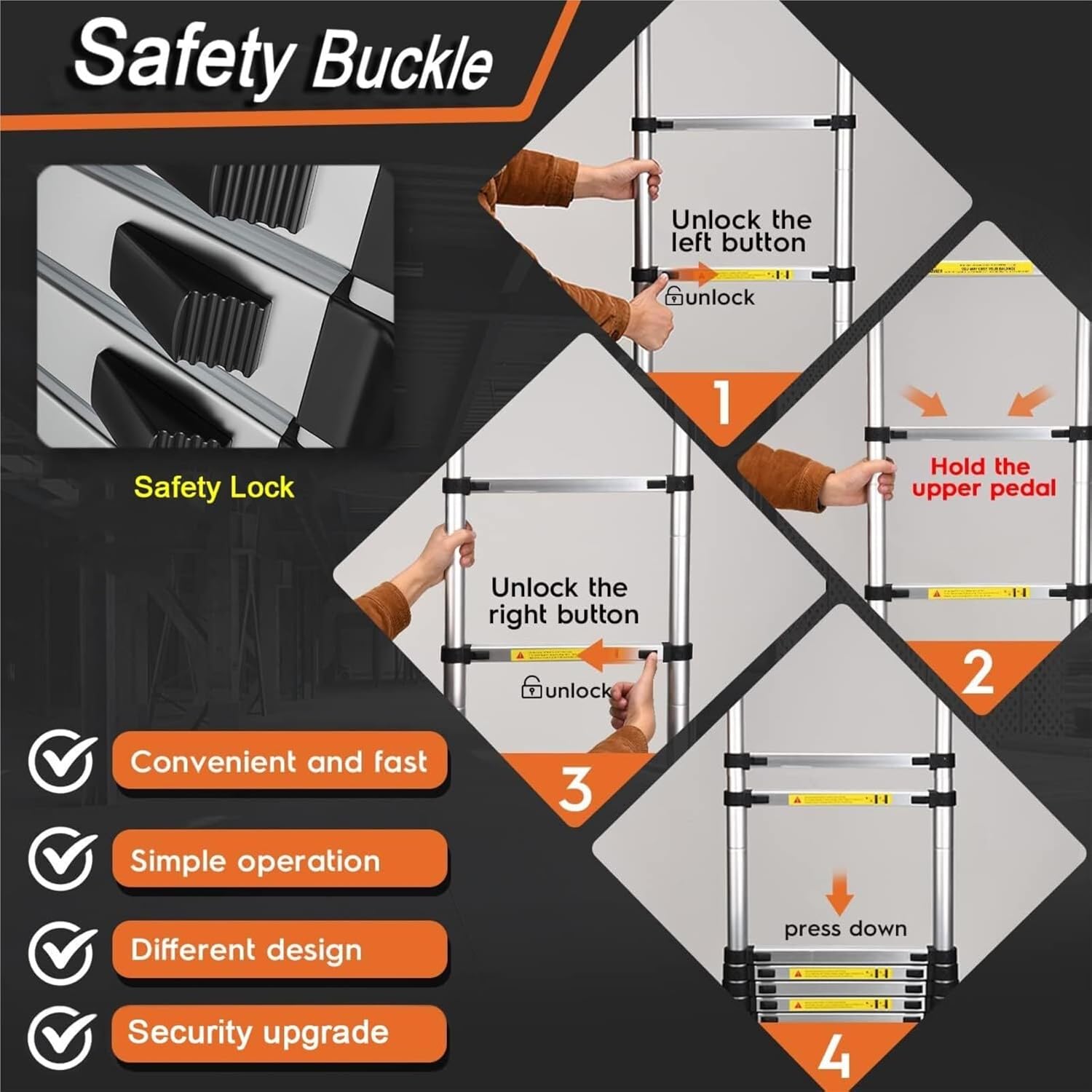 attic ladders Portable Telescopic Ladder with Stabilizer Bar & 2 Hooks Non Slip Extension Ladder for Home Loft and Repair(5.1m)