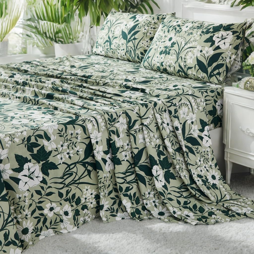 Helthep Floral Sheet Set Full, 100% Cotton Green Floral Printed Bed Sheets Patterned Sheets Full with 17.5″ Deep Pocket, 4Pcs Green Botanical Vintage Flower Sheet for Full Size Bed