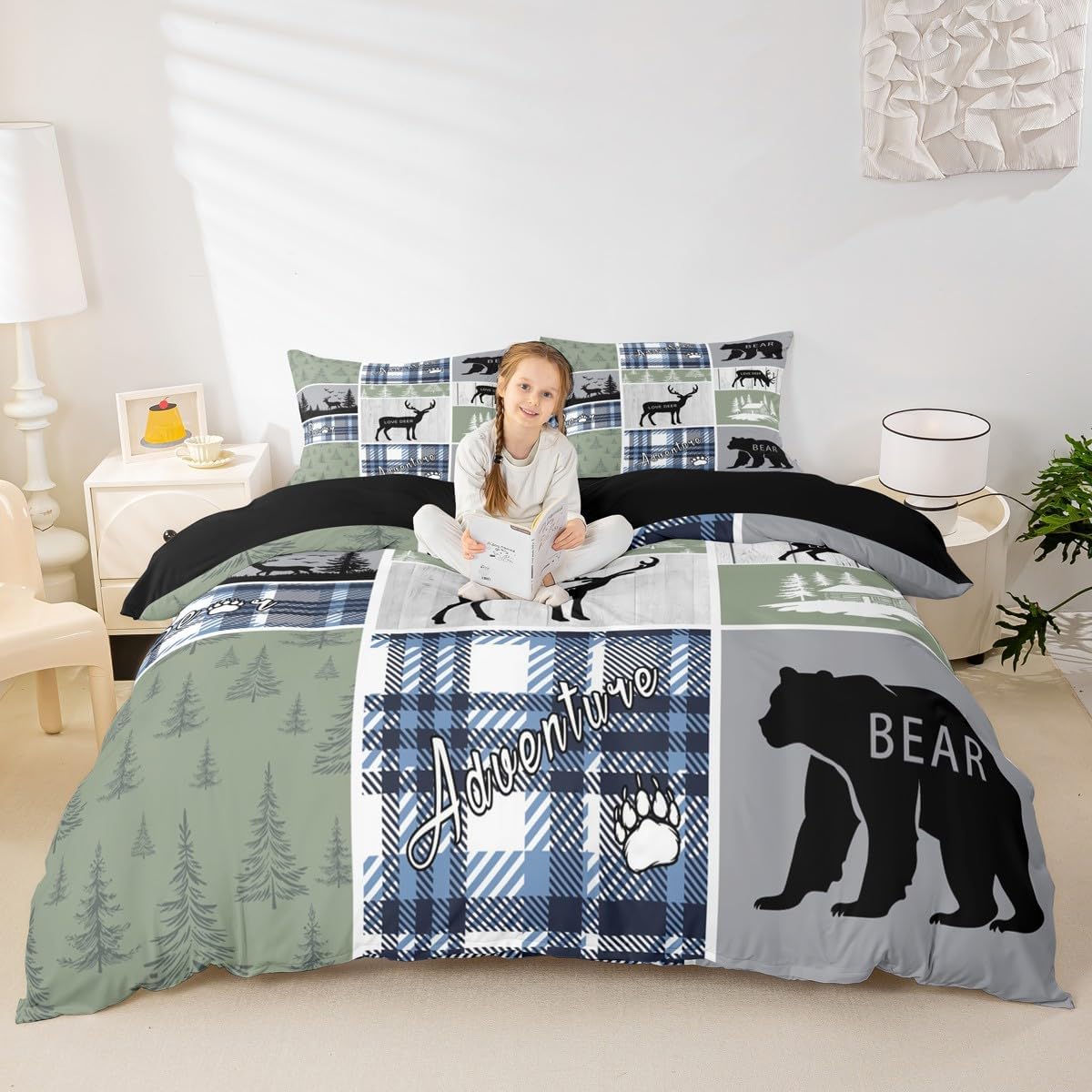 Rustic Cabin Comforter Cover, Hunting Bear Deer Duvet Cover Twin, Forest Animal Wildlife Bedding Set Cabin Decorations for Home, Country Farmhouse Plaid Grid Claw Quilt Cover with 1 Pillow Case