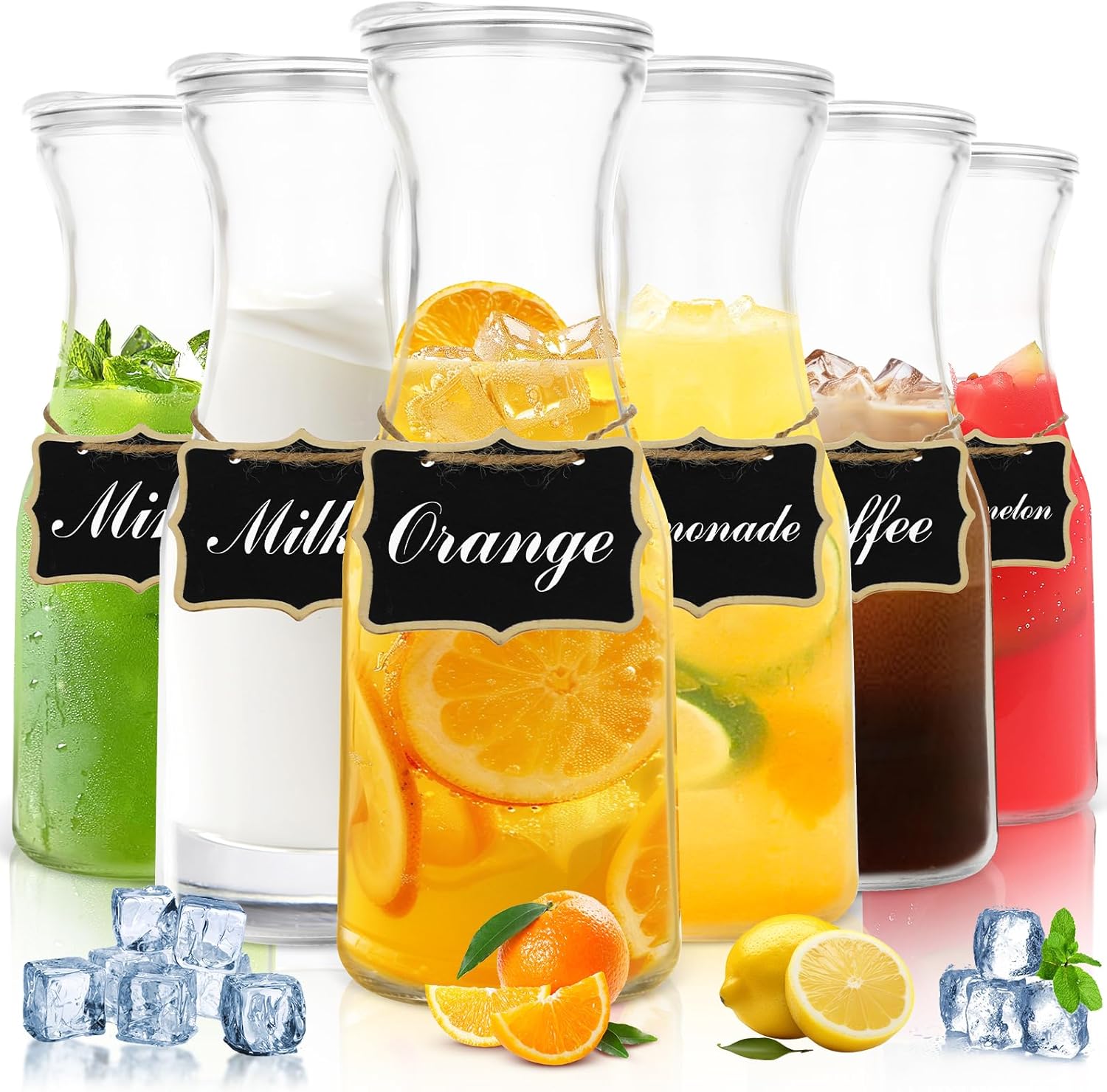 Jarsoph Glass Carafe with Lid 1 Liter Beverage Serveware Carafe Set of 6 Clear Glass Pitcher Dishwasher Safe for Mimosa Bar, Brunch, Cold Water, Juice, Milk, Iced Tea, Lemonade