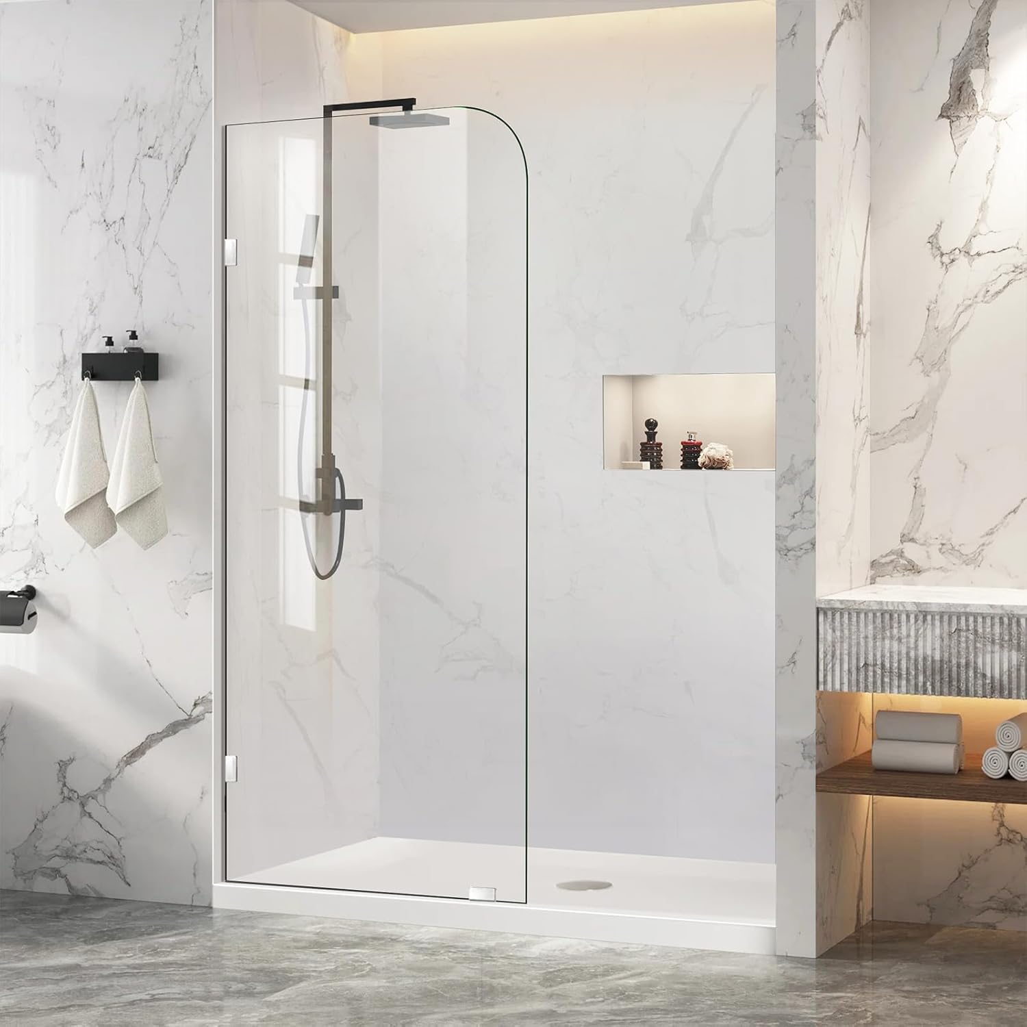 Shower Glass Panel 34" W ×74" H Fixed Frameless Shower Door in Silver 5/16"(8mm) Thick Clear Tempered Glass Panel with Clamps Bathroom Screen for Walk in Shower