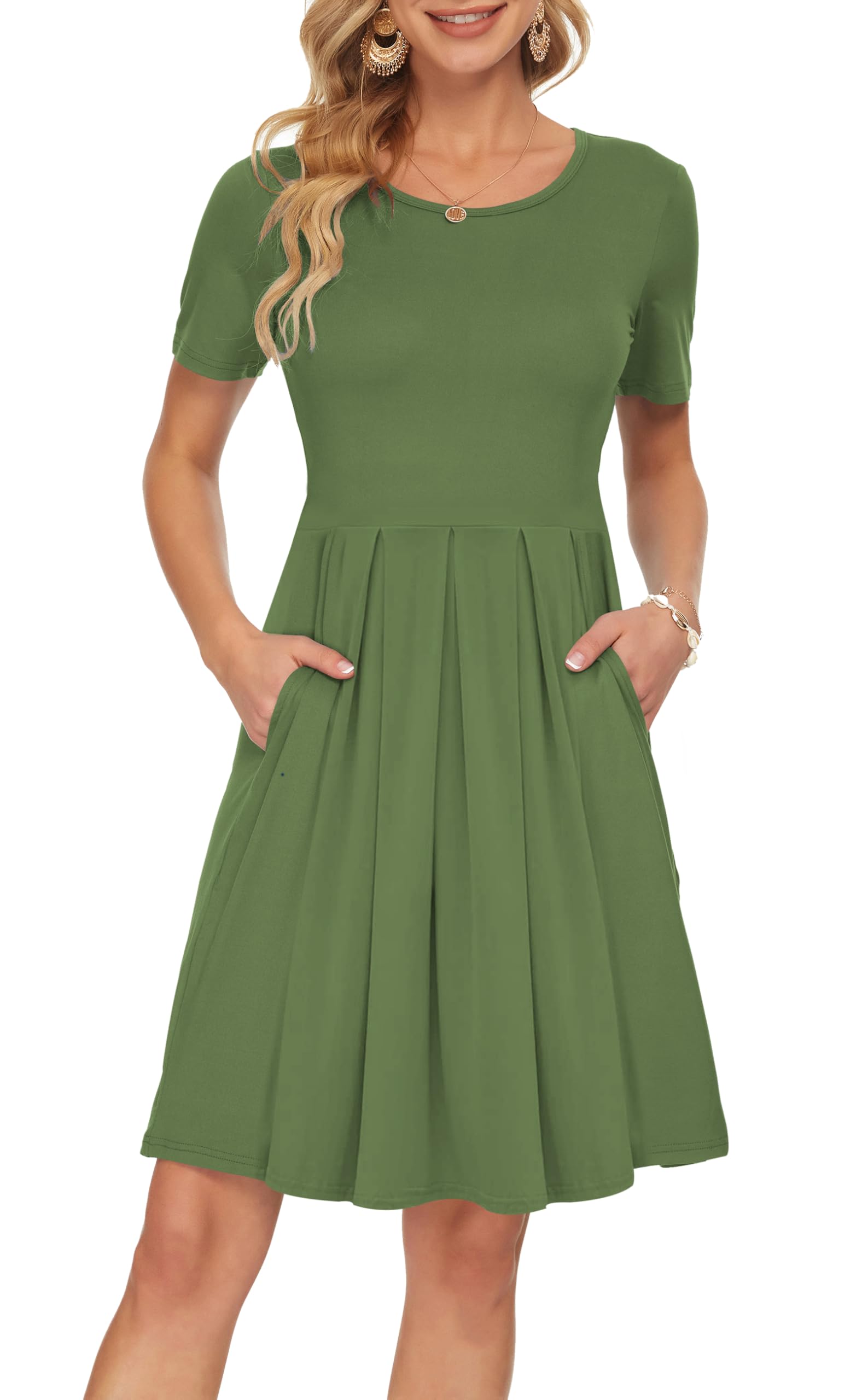AUSELILY Women's Short Sleeve Pleated Swing Summer Dress with Pockets