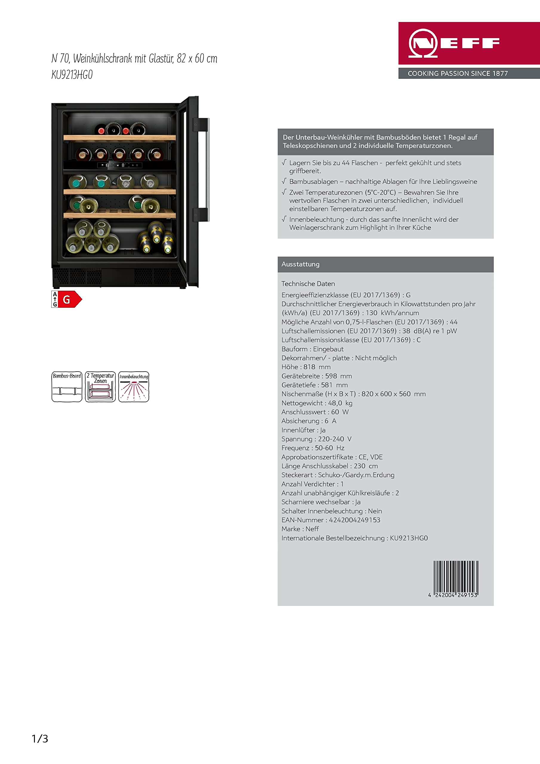 NEFF KU9213HG0 Unterbau-Weinlagerschrank N70 82.0 x 60.0 cm 120 L
