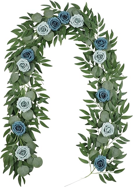 Cekene Artificial Eucalyptus Garland with Rose Flower 1Pc 6.5 Ft Artificial Rose Flowers Garland witth Green Leaves Greenery Fake Hanging Garland Vines for Wedding Wall Arch Table Decoration