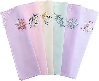 Ladies Cotton Handkerchiefs Flower Embroidered with Lace Ladies' Vintage Floral Lace Handkerchiefs for Wedding Party (6 Colors)