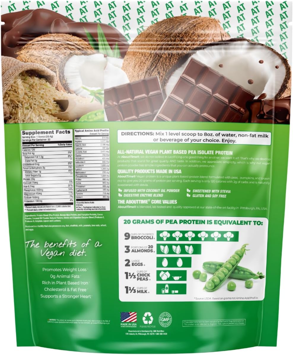 About Time Vegan Protein Powder 20g Chocolate, Natural Ingredients, Non-GMO, Plant Based, Gluten Free, Soy Free, Dairy Free, 32 Servings