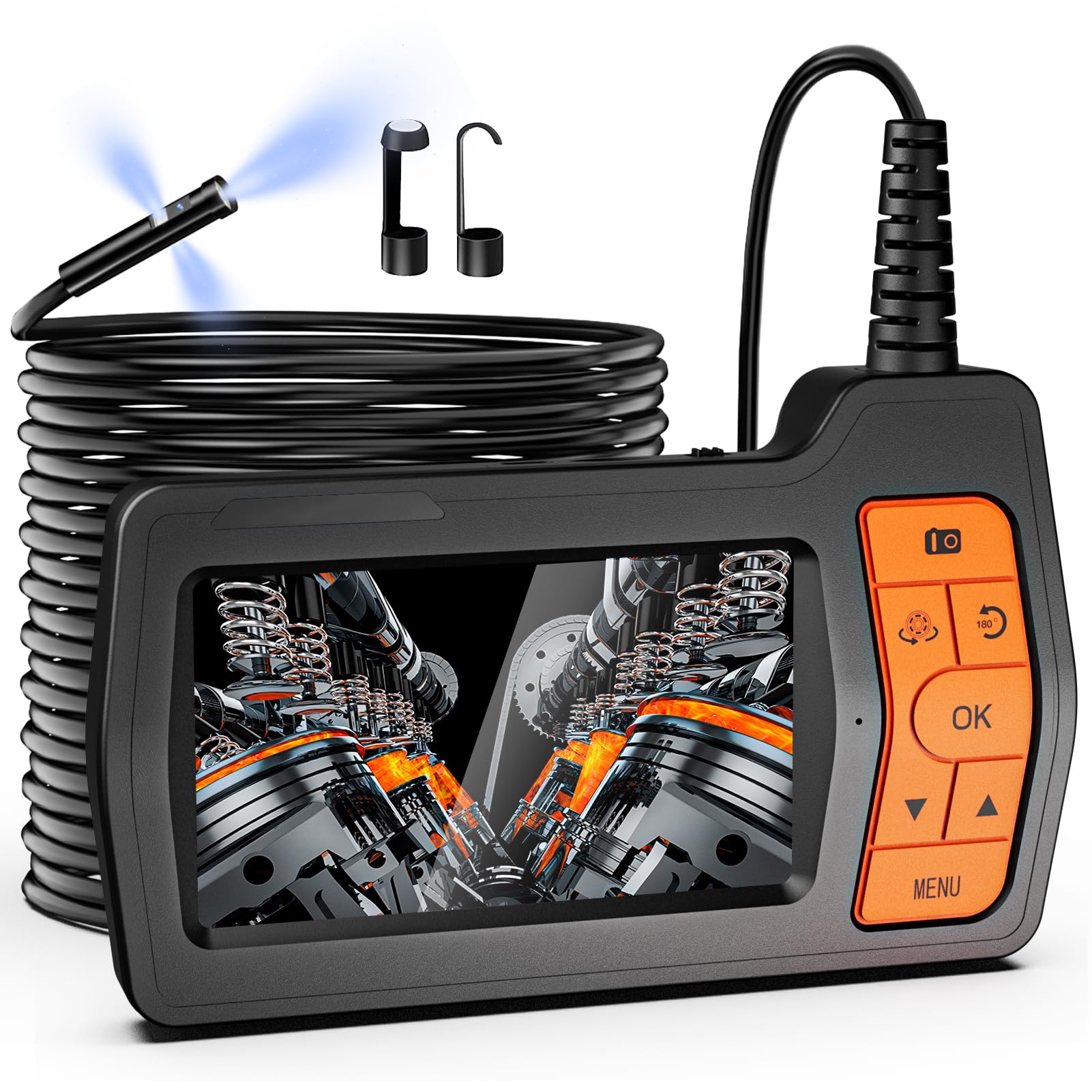 Endoscopio Industrial de Triple Lente con Cable de 15 m, 1080P HD Cámara de Inspección, 5" IPS Pantalla Endoscópica, Impermeable IP67 de 8mm Boroscopio para Auto, Fontanería, TF de 32 GB