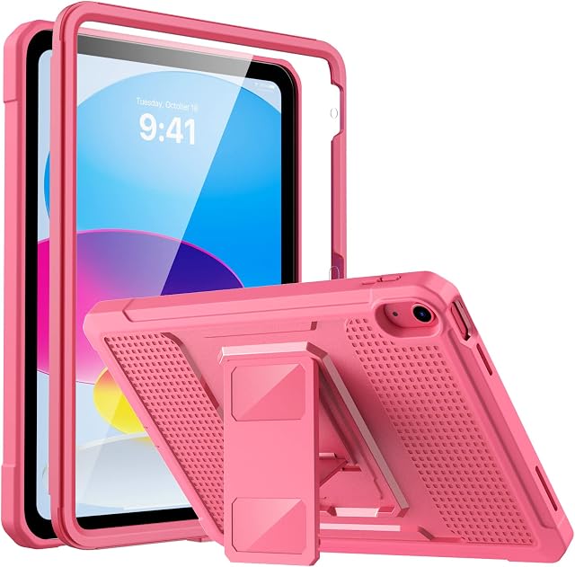 MoKo for iPad 10th Generation Case 10.9 inch 2022, Shockproof Full Body Rugged Hybrid Cover with Kickstand for Kids and Built-in Screen Protector for iPad 10th Gen 2022,Support Touch ID,Watermelon Red