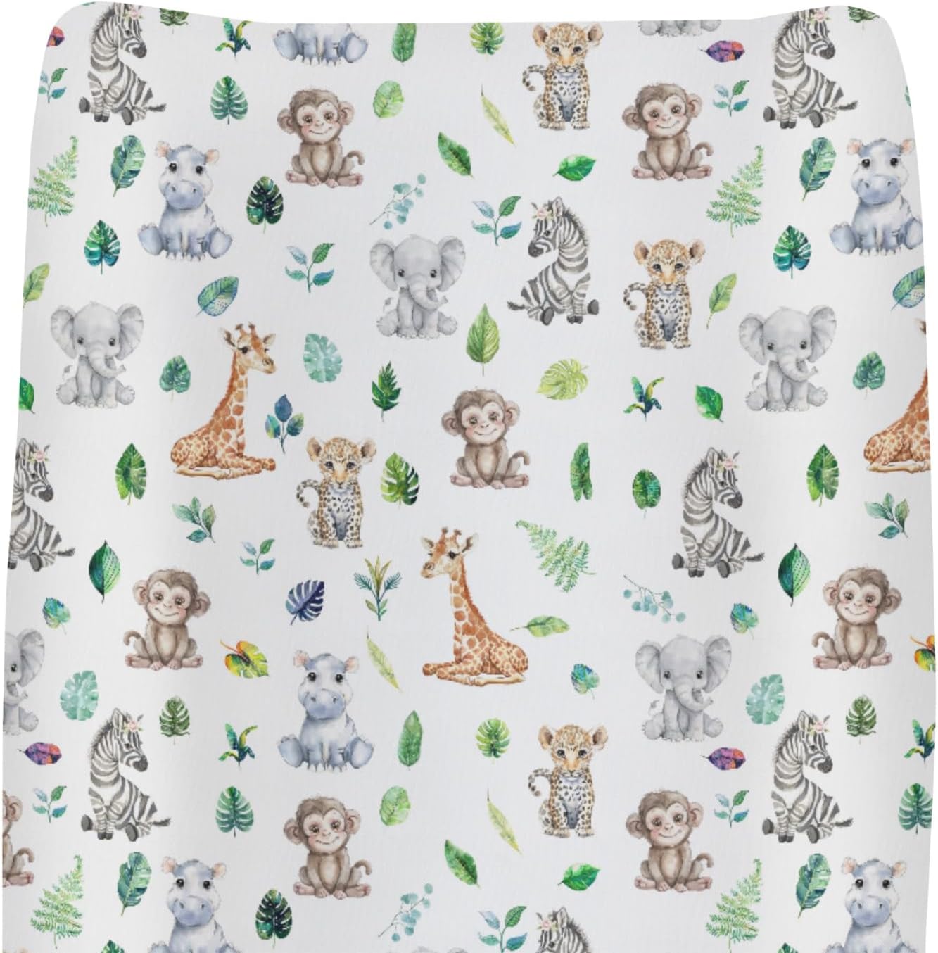 Tropical Safari Green Leaves Baby Changing Pad Covers for Boys Girls Elephant Leopard Giraffe Hippo Fitted Change Table Covers Mats Jungle Animals Soft Diaper Change Table Sheets 32''×16''