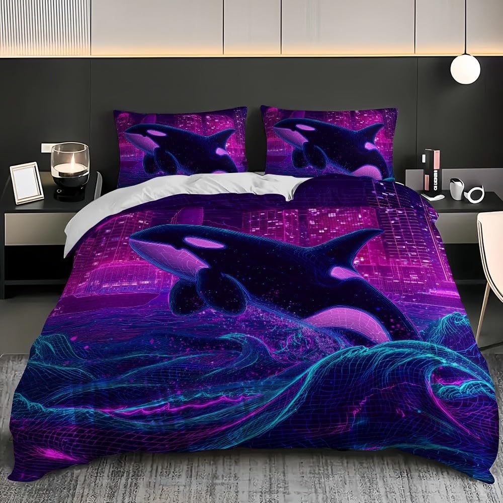 Miękka Mikrofibra Neony Mordercze Fale 155 x 200 cm Wygodne i oddychające zestawy pościeli 3-częściowy Hipoalergiczne Blufioletowe poszewki na kołdry na wszystkie pory roku