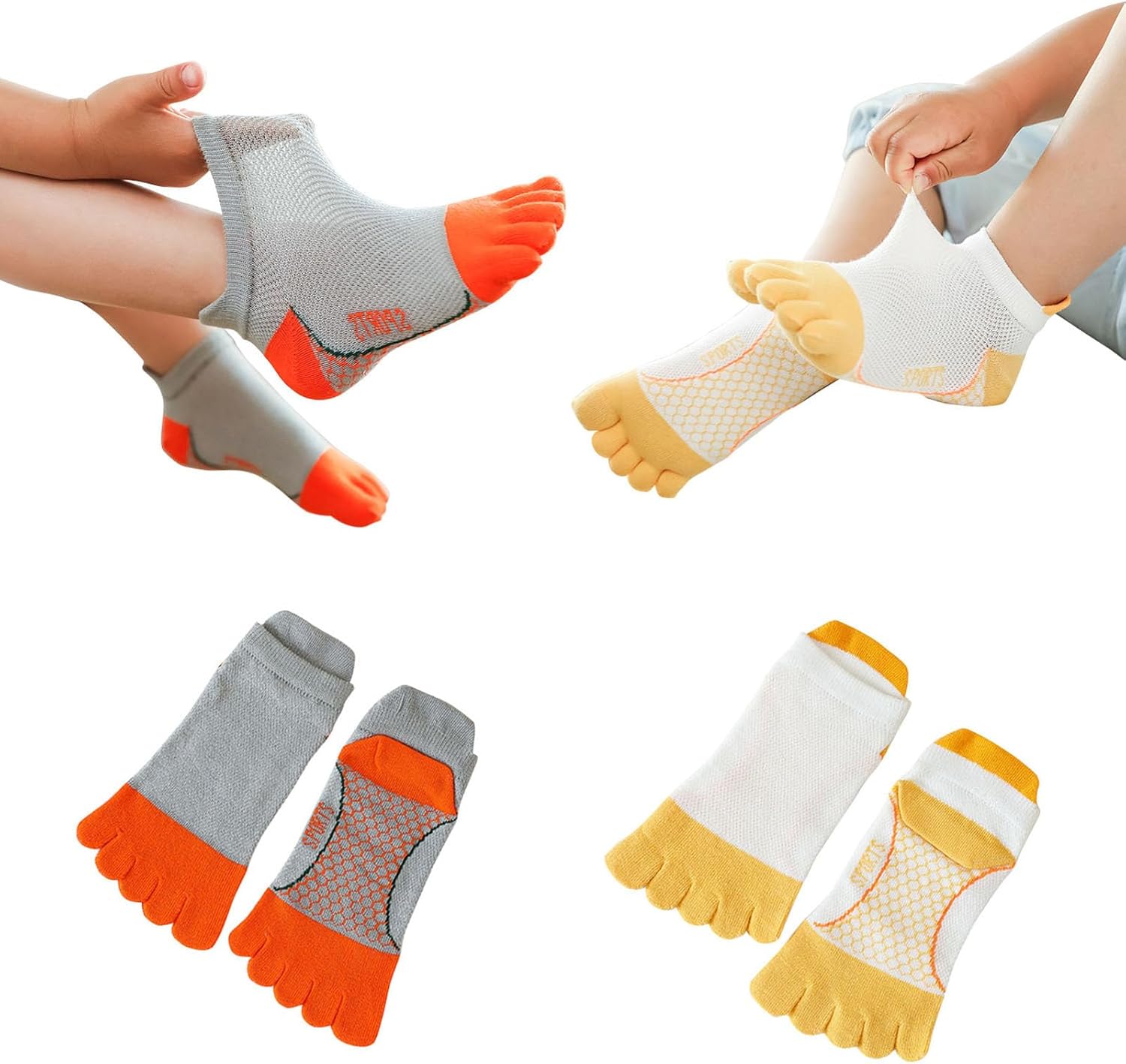 Pursuestar 2 Pairs Cotton Five Finger Toe Socks SPORTS Running Breathable Mesh Seperated Socks for Kids Girls Boys 3-12 Year