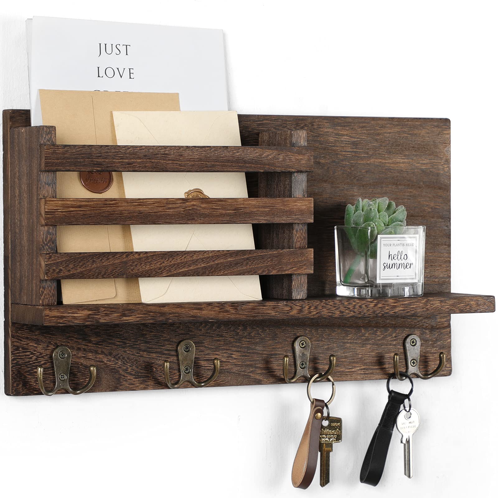 Organiseur mural porte-clés bois marron et étagère vide-poche pour rangement entrée