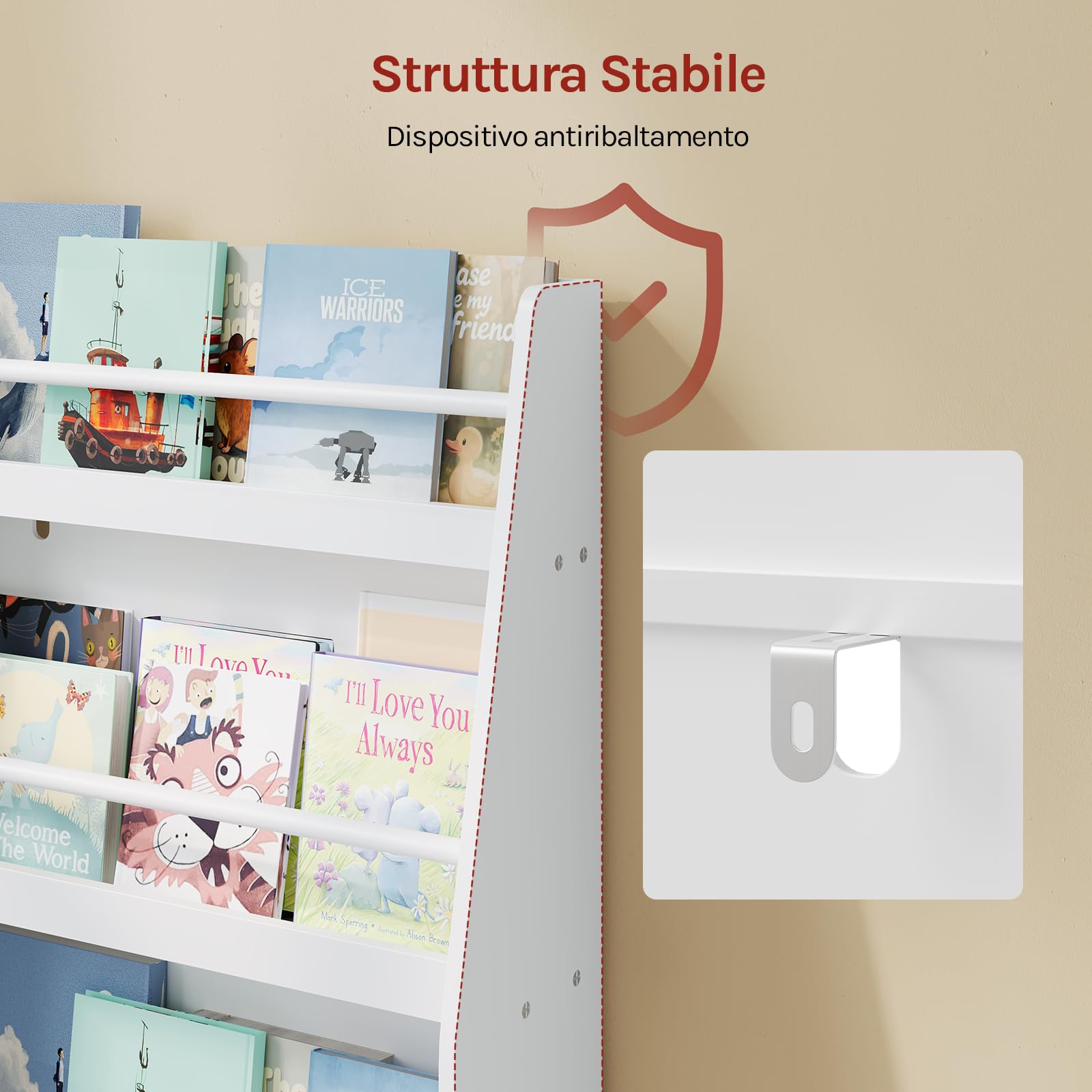 WOLTU Libreria per Bambini, Scaffale Porta Libri | 3 Ripiani, Organizzatore per Cameretta dei Bimbi, in MDF e Legno di Pino, Bianco