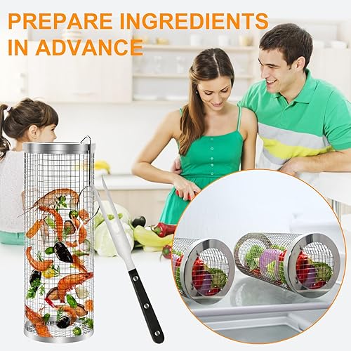 Miniatura 4 de Cestas de parrilla rodantes, 2 unidades, cesta redonda grande para parrilla de barbacoa con tenedores, cilindros de redes de parrilla de acero