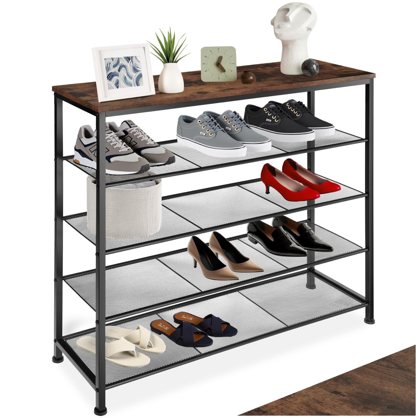 tectake® Scarpiera 100x30,5x93 cm, Scarpiera Salvaspazio slim, 4 Ripiani Rete, Scaffale Scarpe Uomo, Scarpe Donna, Stivali, Ideale Ingresso, Corridoio, Soggiorno, Stile Industriale - Legno Scuro